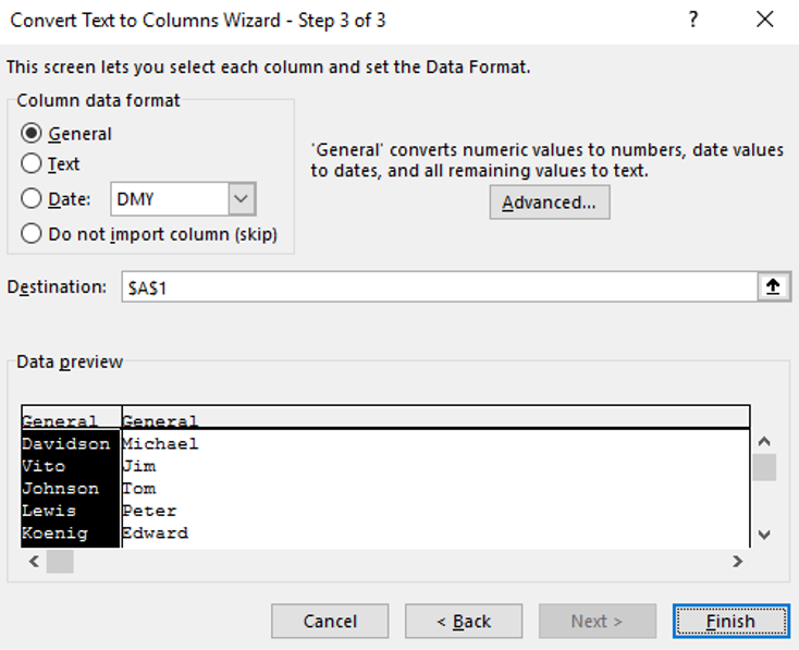 Excel Text-to-Columns - Preview and format