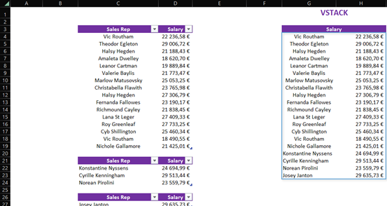 Excel VSTACK function example with 3 arrays - result array
