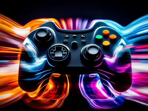 A black game controller with glowing buttons surrounded by dynamic, colorful light streaks on a dark background, creating a sense of speed.