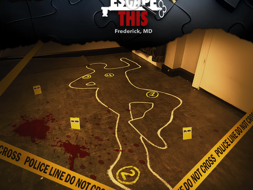 Chalk outline, blood stains, and evidence markers on a floor surrounded by police tape. Mood is mysterious. Text: "ESCAPE THIS Frederick, MD."
