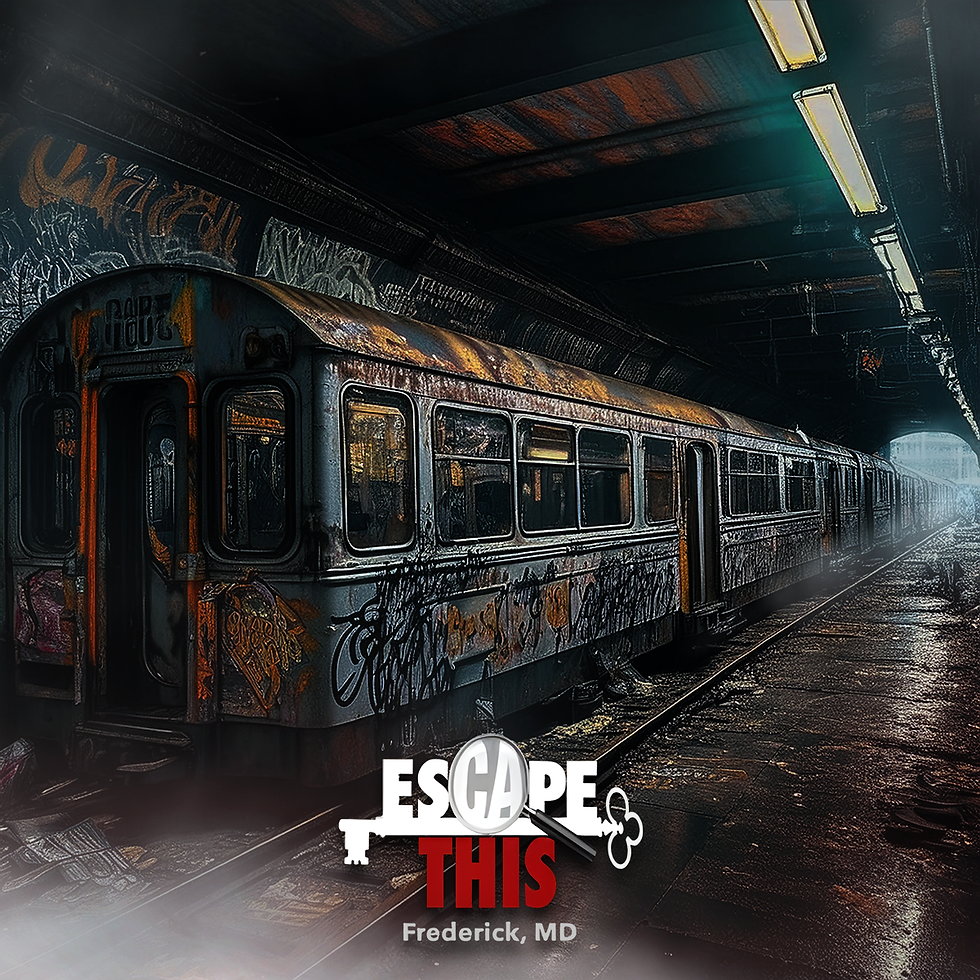 Graffitied subway train in dark, gritty station with dim lighting. Moody atmosphere. Text: Escape This, Frederick, MD.