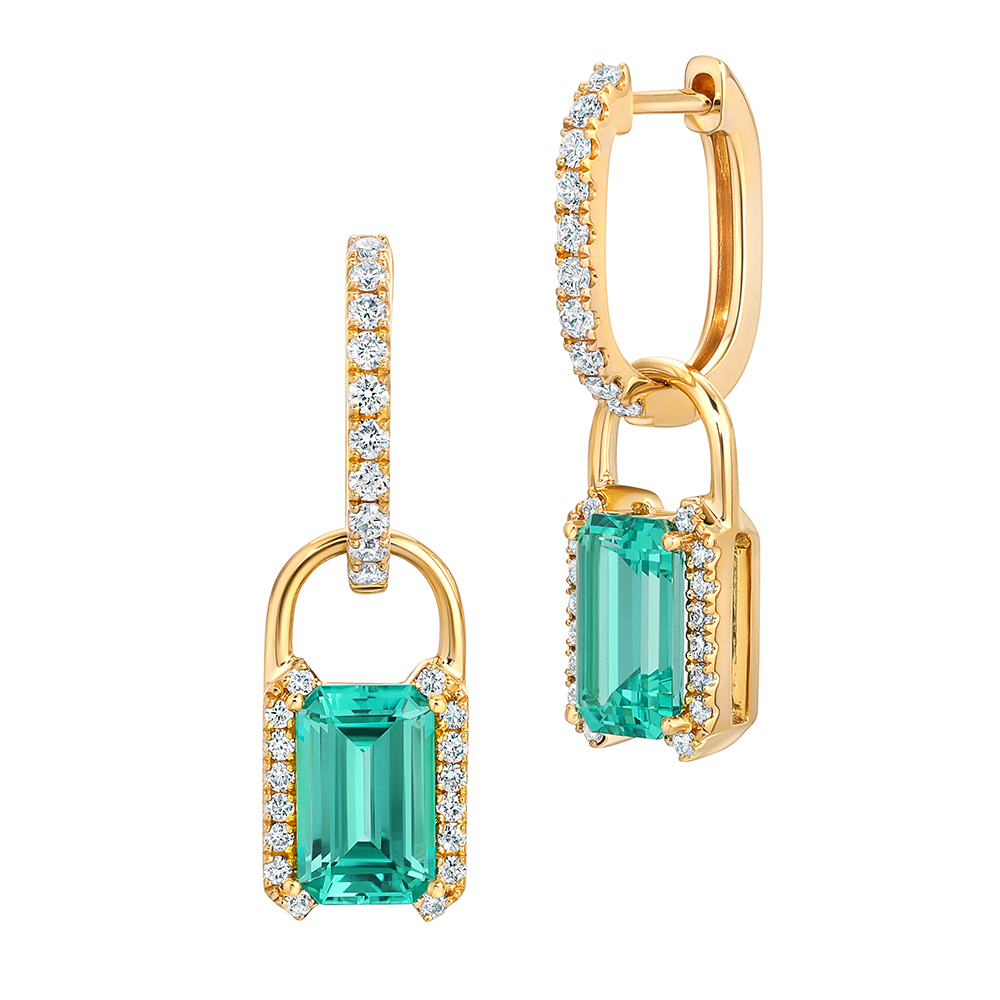Boucles d'oreilles or jaune 14k diamants et émeraudes de laboratoire