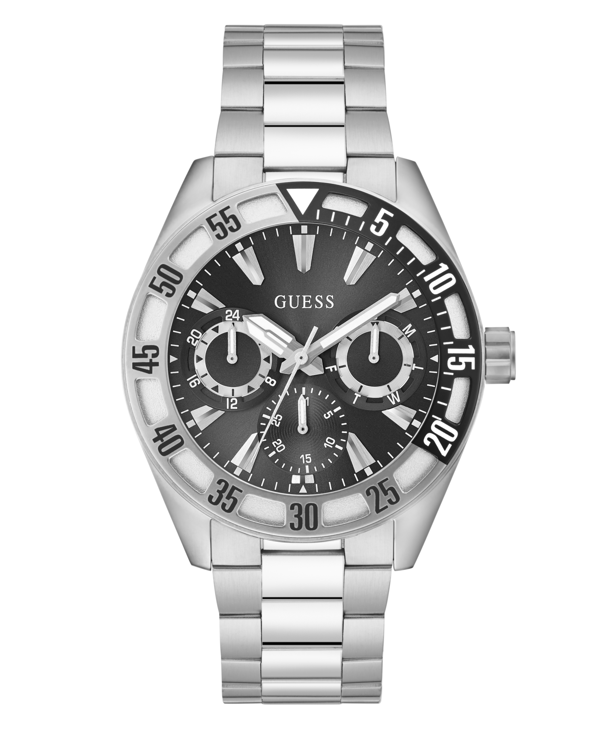 Montre Guess Homme à quartz bracelet et boitier acier fond noir 3 cadrans