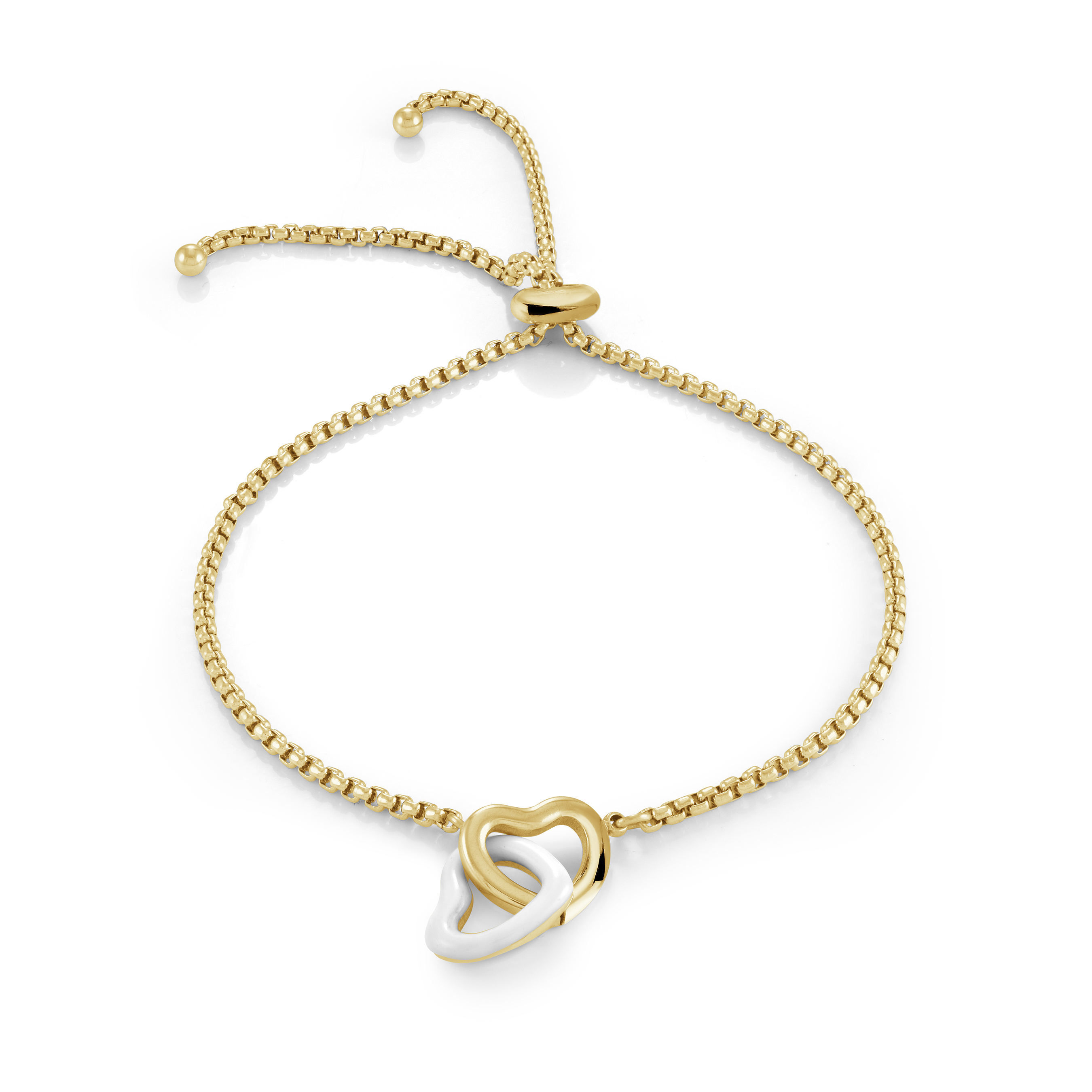 Bracelet réglable avec double cœur en acier et émail blanc