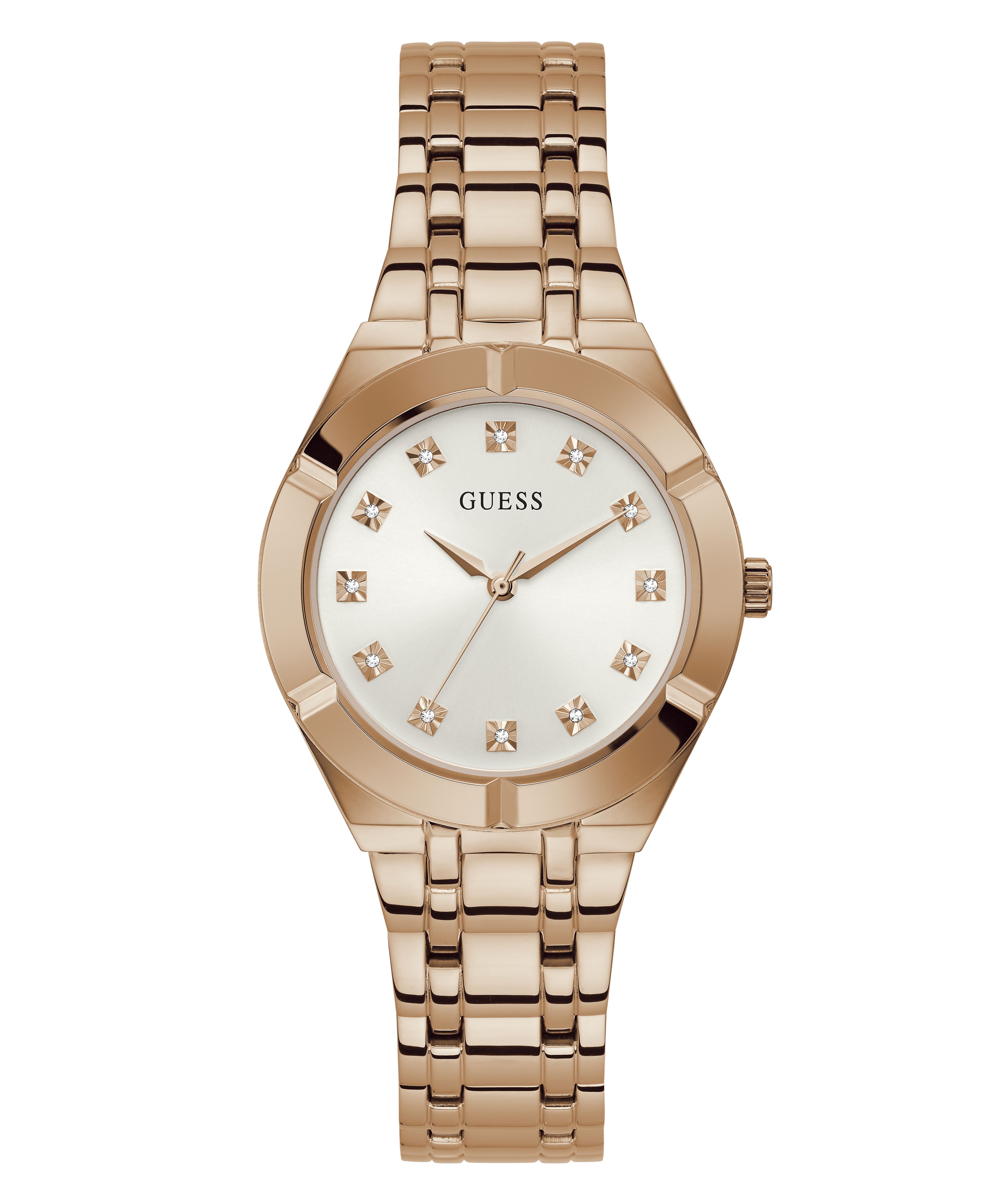 Montre GUESS bracelet et boitier acier rose fond blanc