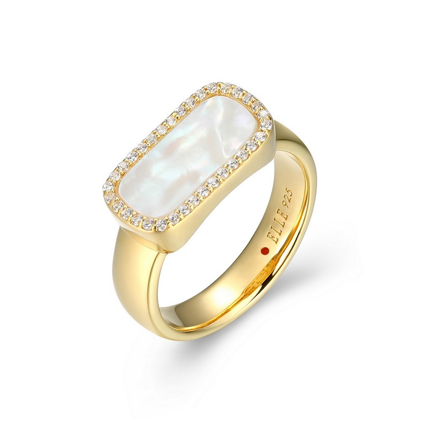 Bague 925 plaqué or avec motif rectangle nacre et cubics