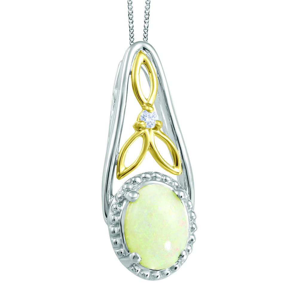 Ensemble chaîne et pendentif or blanc 2 tons avec opale et diamants du Canada
