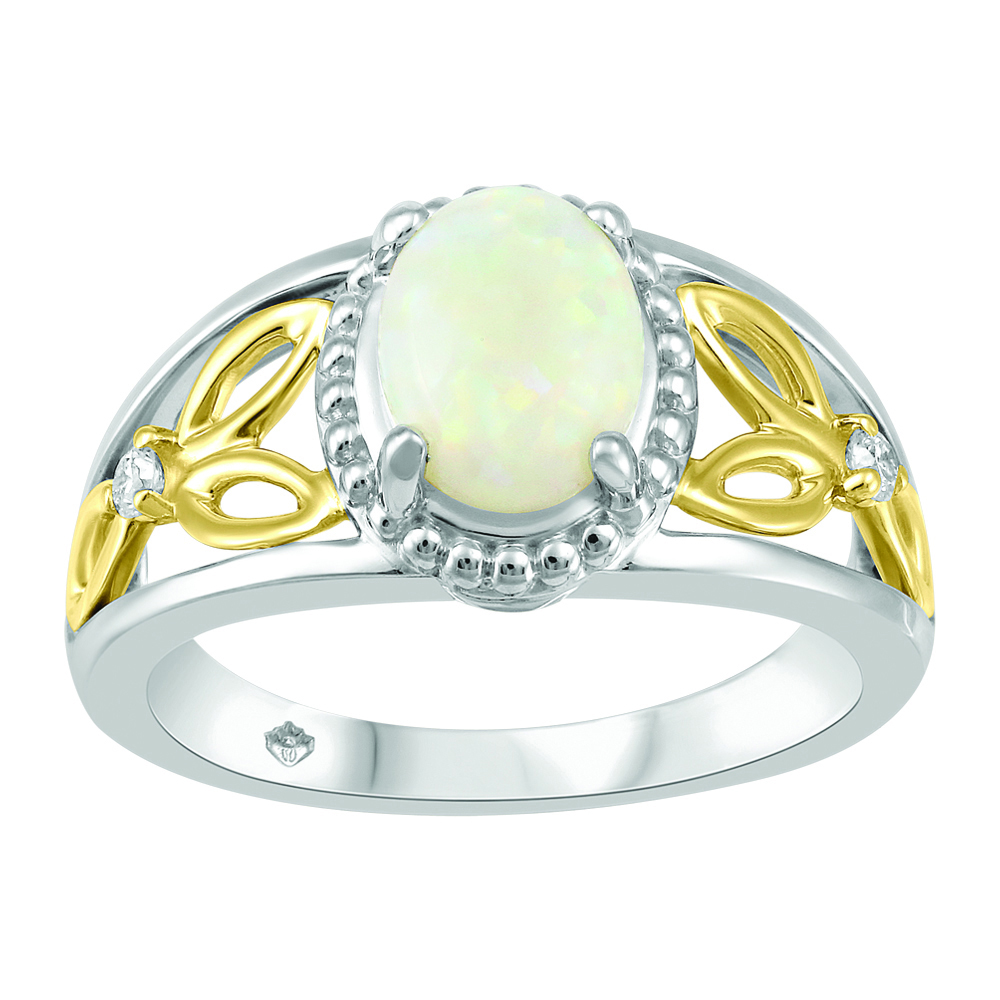Bague or 10k2 tons avec opale naturelle et diamants naturels Canadiens