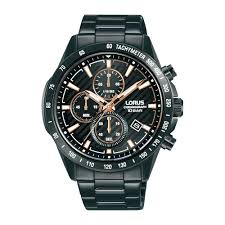 Montre homme bracelet et boitier acier noir chronomètre