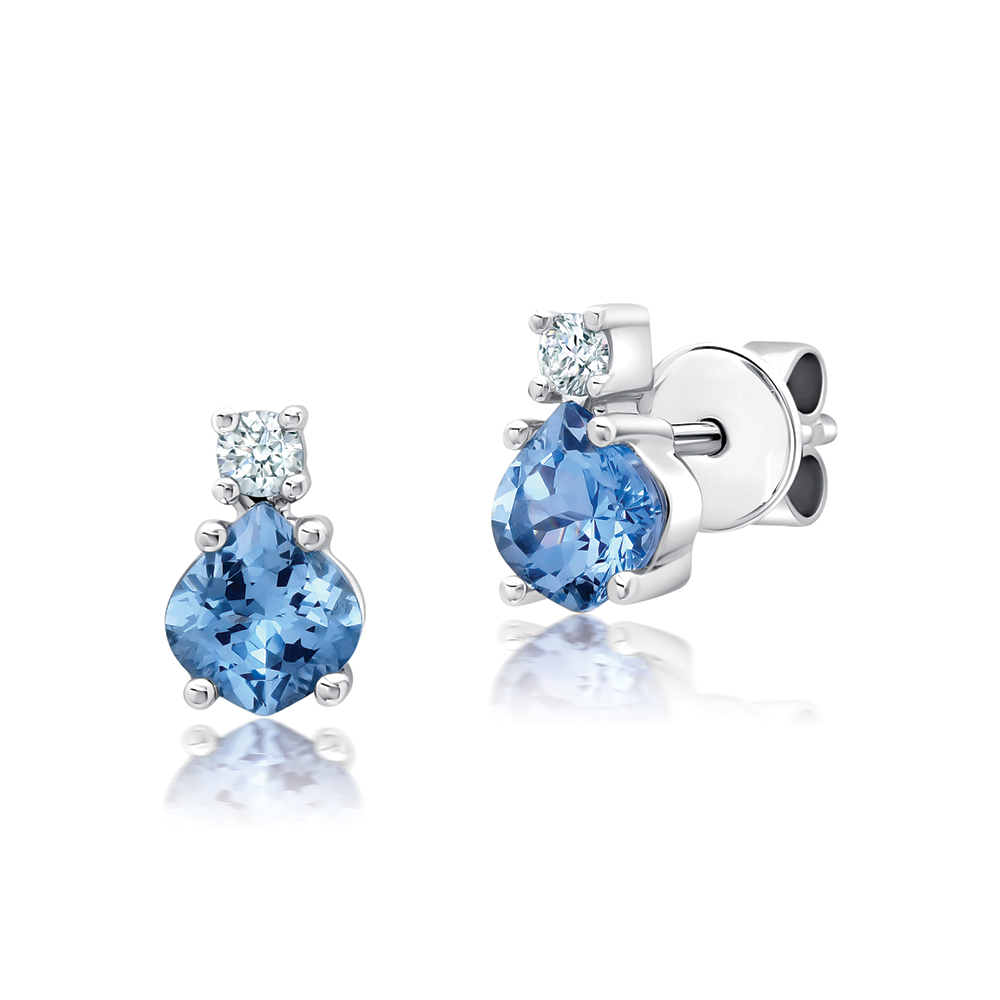 Boucles d'oreilles or blanc 14k CHATHAM spinelle aqua marine et diamants