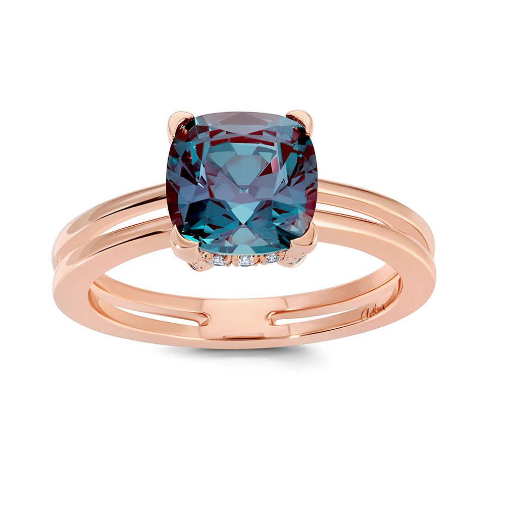 Bague or jaune 14k diamants et alexandrite de laboratoire