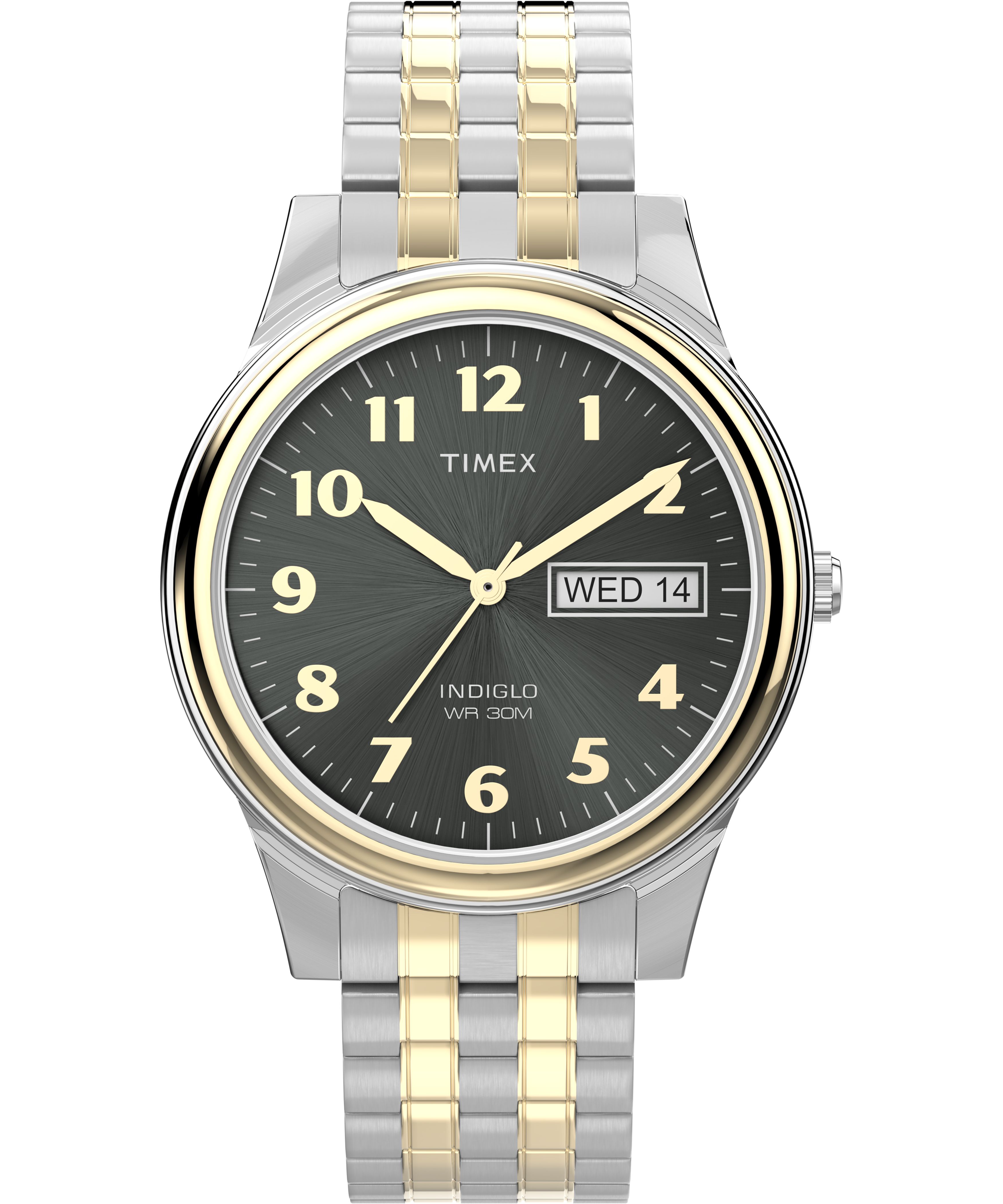 Montre Timex acier 2 tons fonds noir jour et date