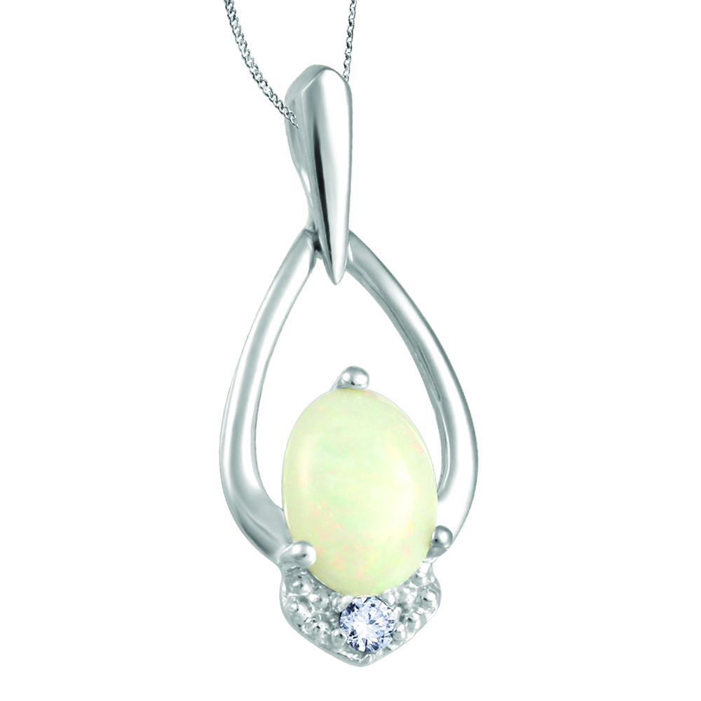 Chaîne et pendentif or blanc 10k avec 1 opale et 1 diamant naturel