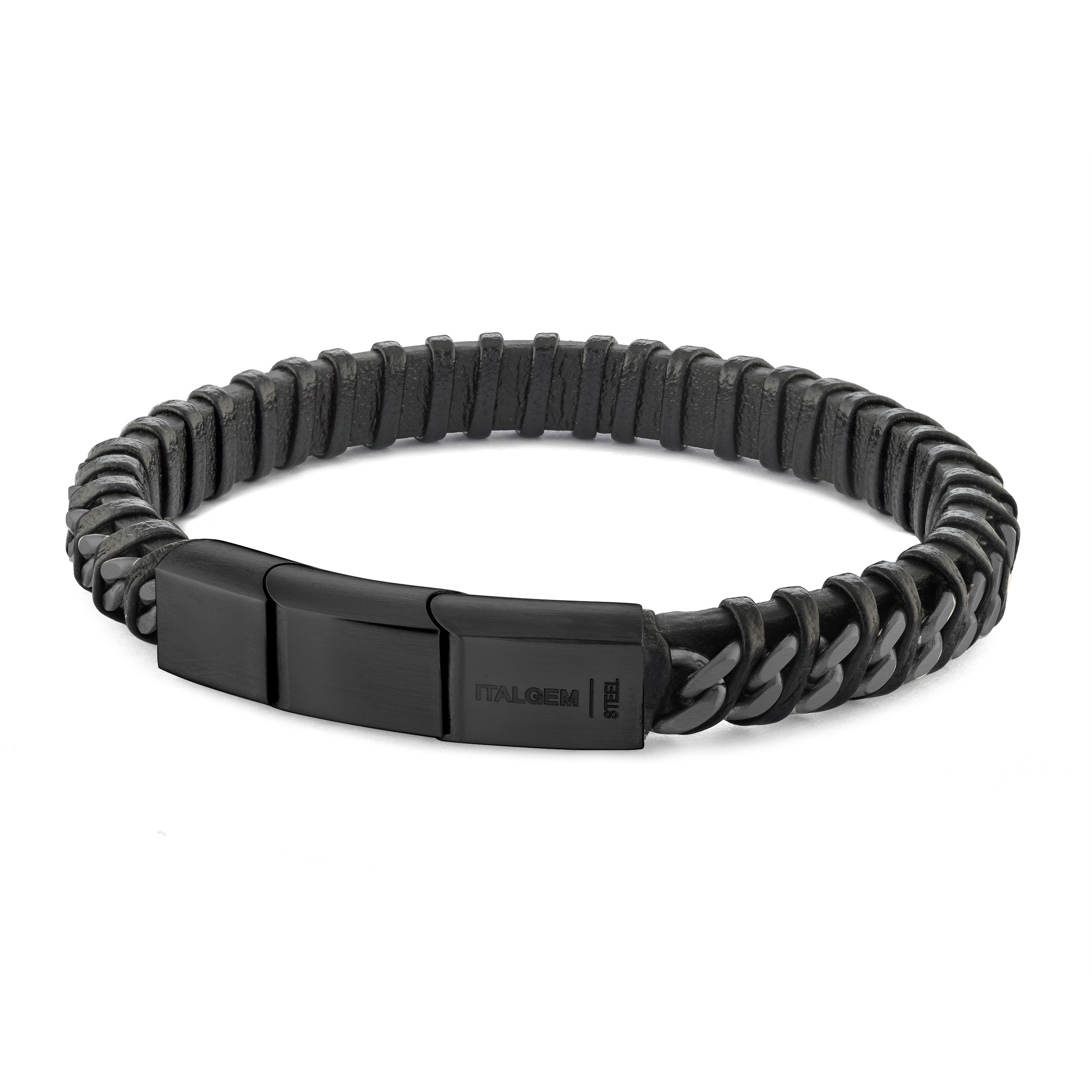 Bracelet homme cuir noir et fermoir acier noir