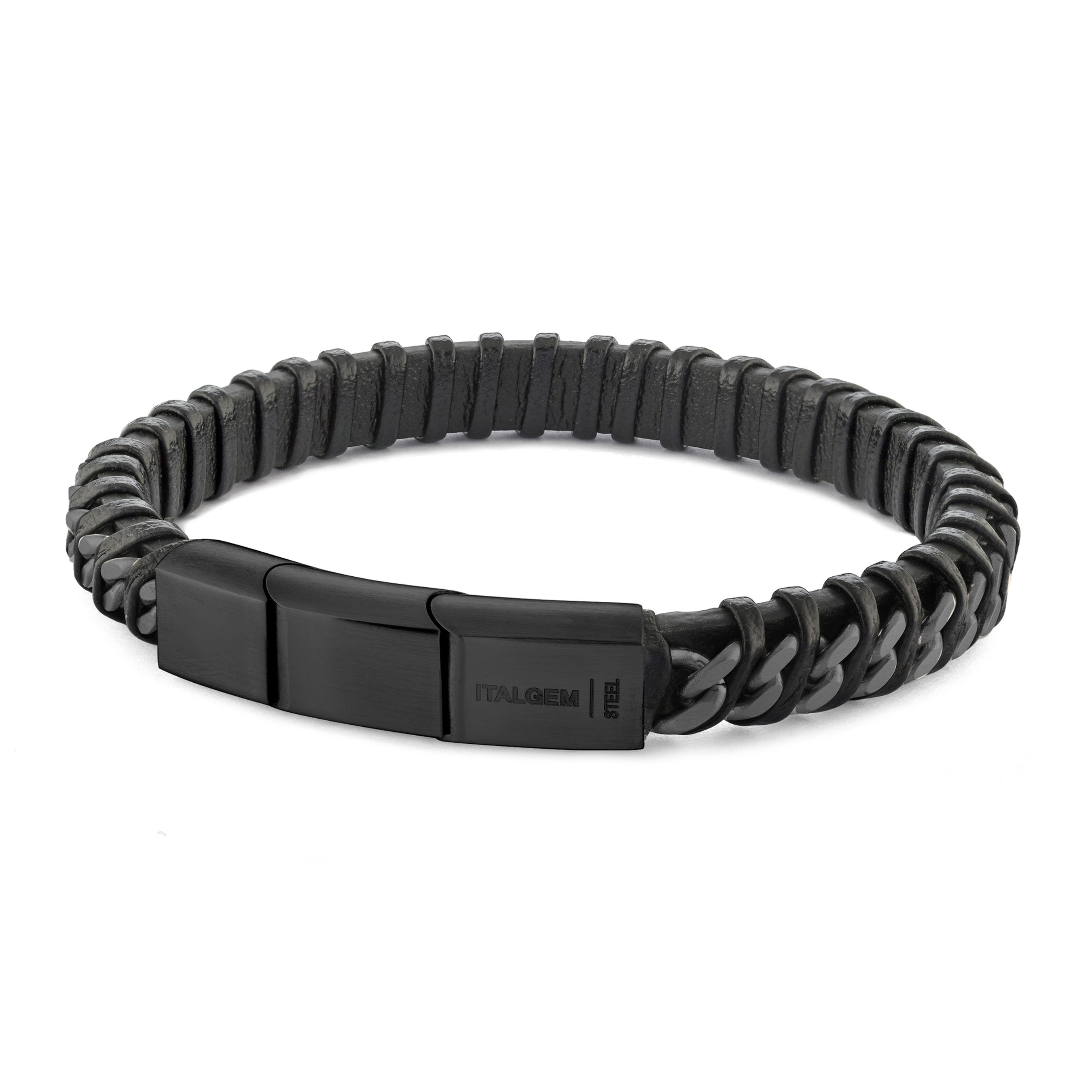 Bracelet homme cuir noir et fermoir acier noir