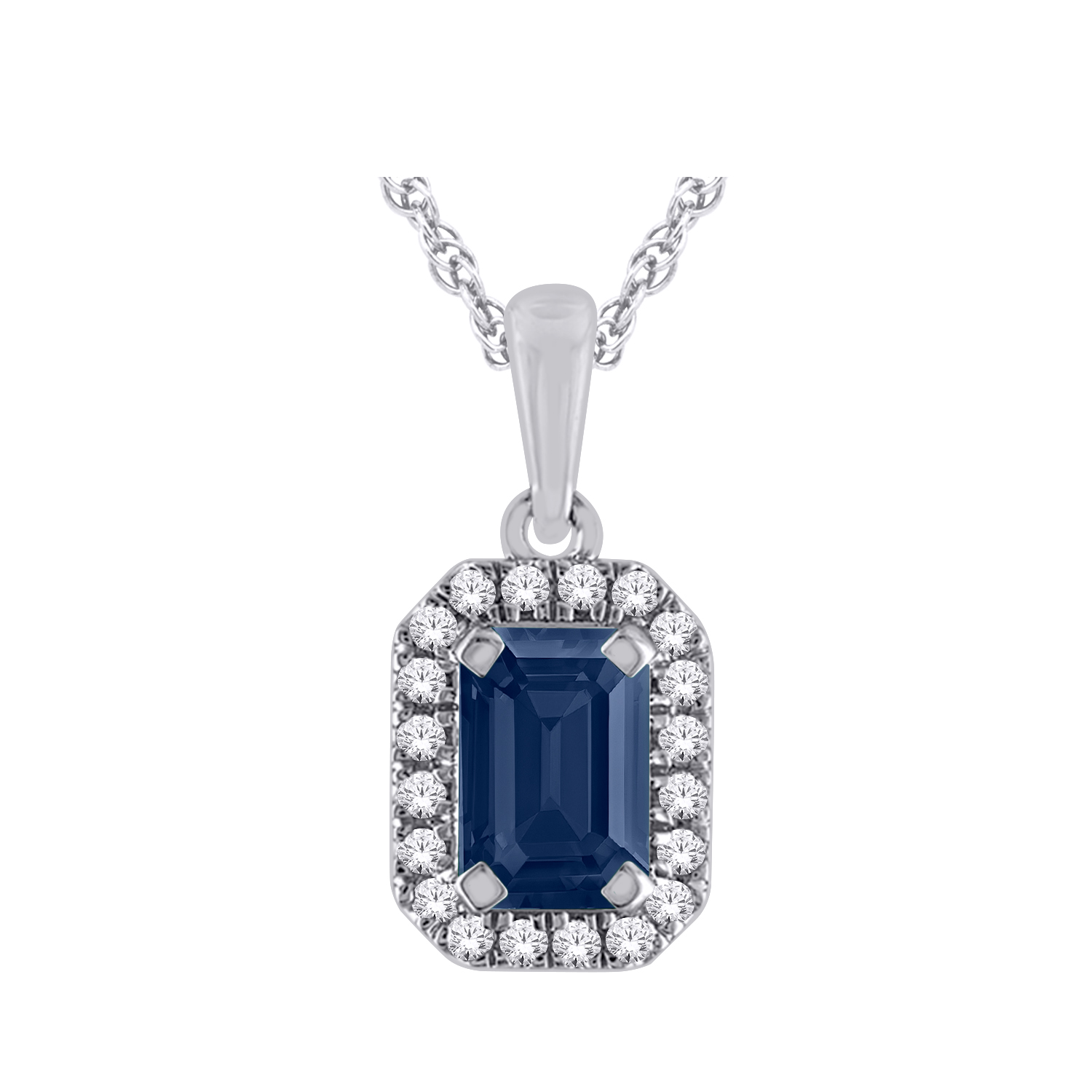 Chaîne et Pendentif or blanc 10k avec saphir et diamants naturels