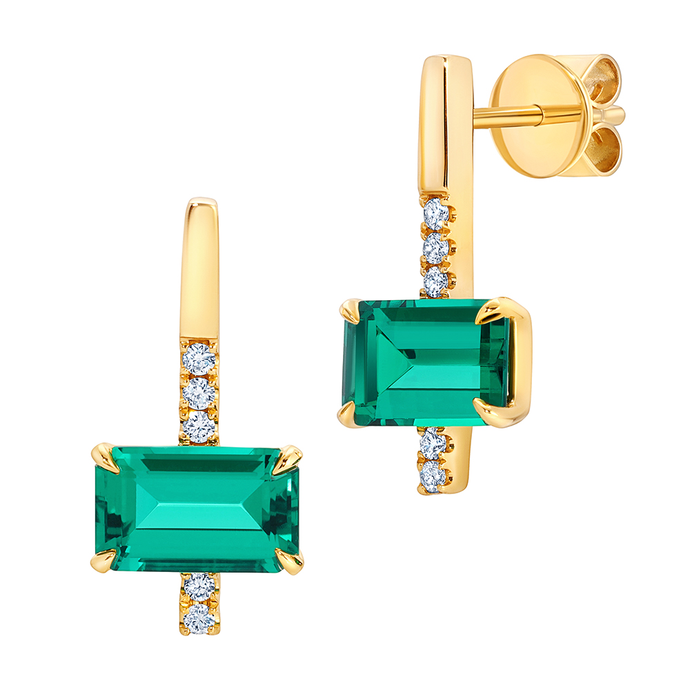 Boucles d'oreilles en or jaune 14k avec diamants et émeraudes de laboratoire