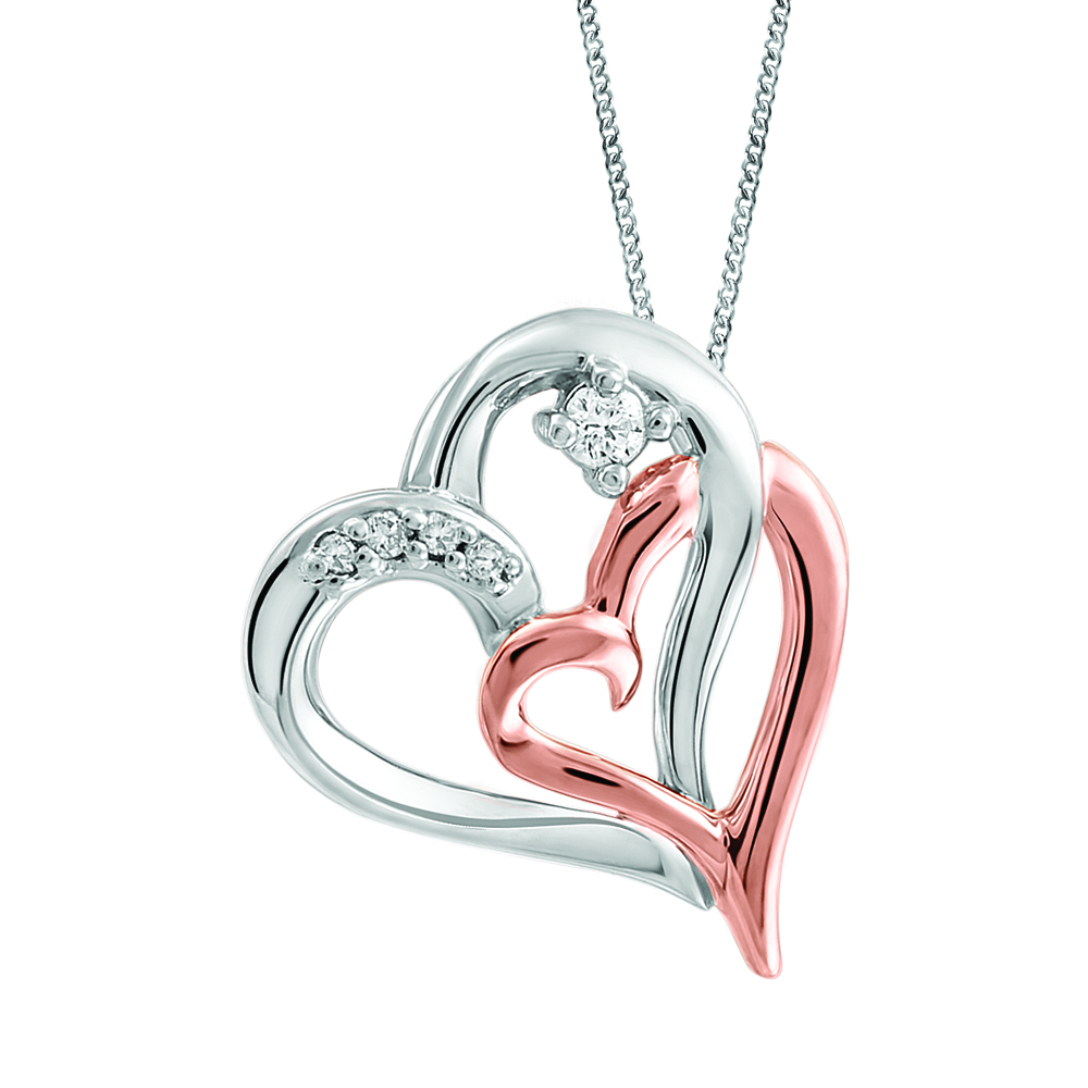 Chaîne et pendentif or 10k rose et blanc avec motif cœur 5 diamants naturels