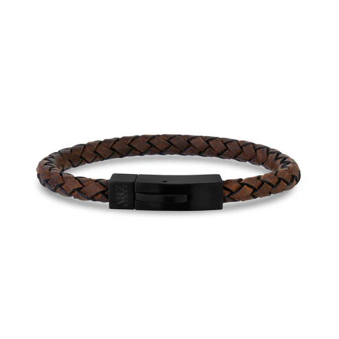 Bracelet cuir tressé brun fermoir acier noir