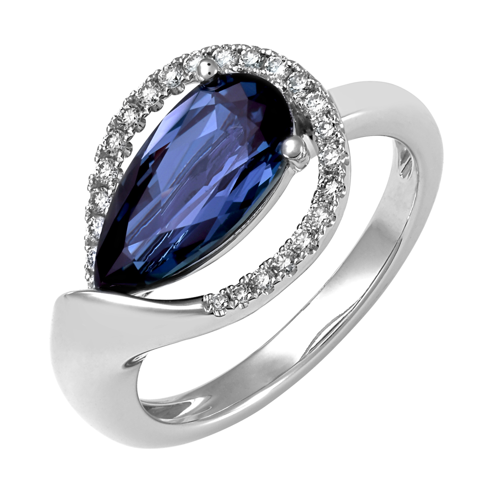 Bague or blanc 14k avec diamants et alexandrite de laboratoire