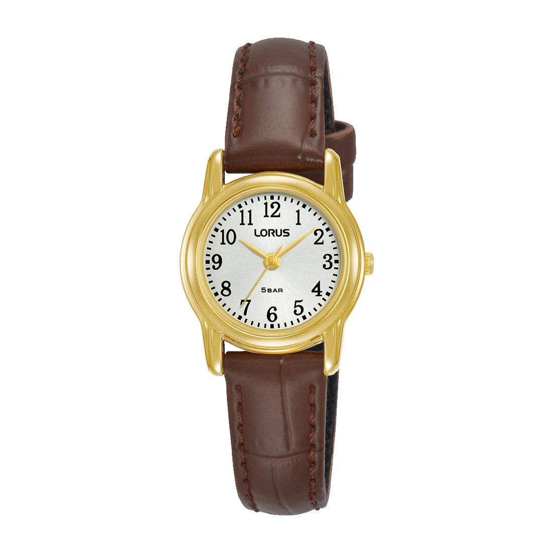Montre dame quartz boitier doré et bracelet en cuir brun fond blanc