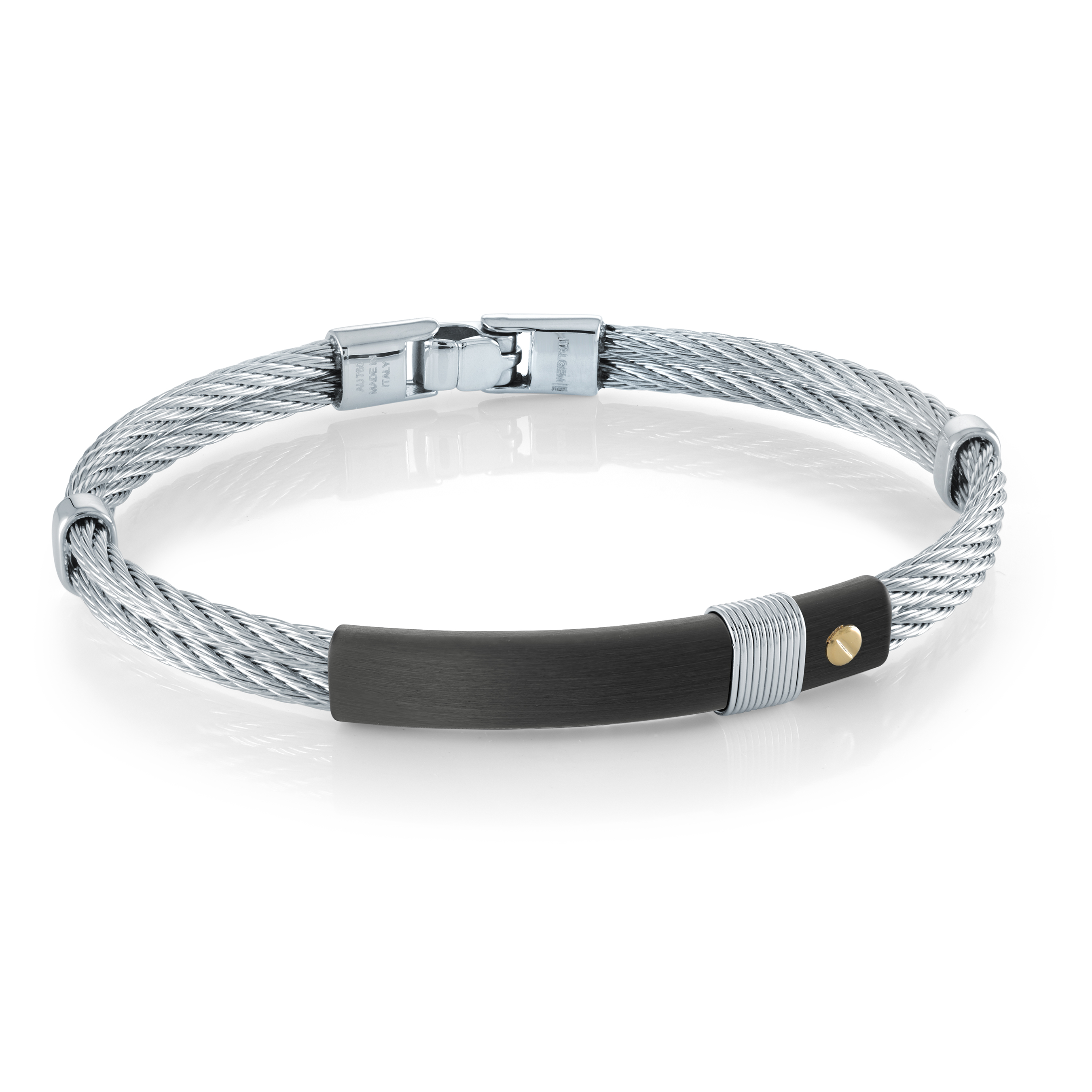 Bracelet acier rigide tresse acier et motif noir
