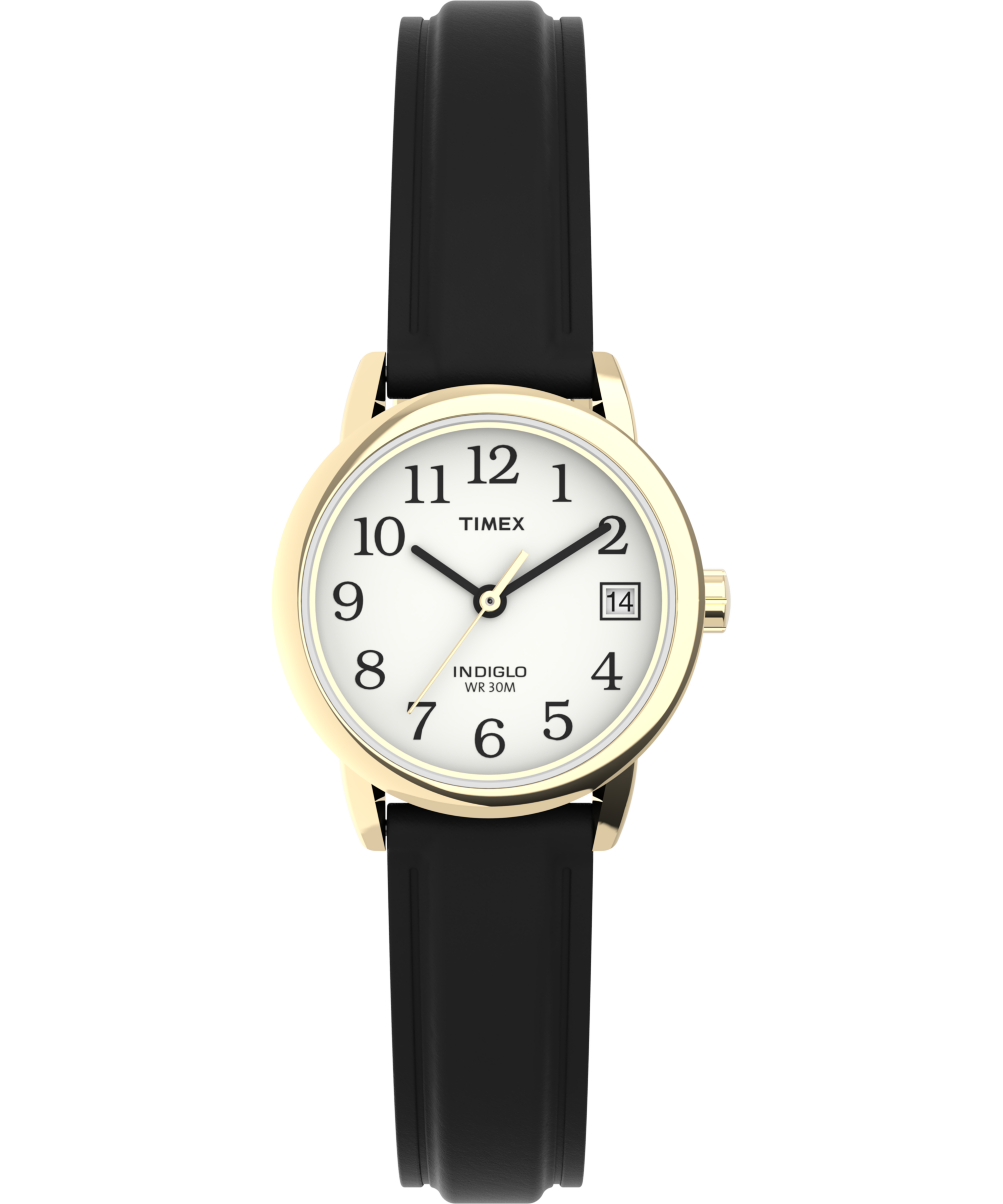 Montre dame Timex boitier acier doré bracelet cuir noir fond blanc