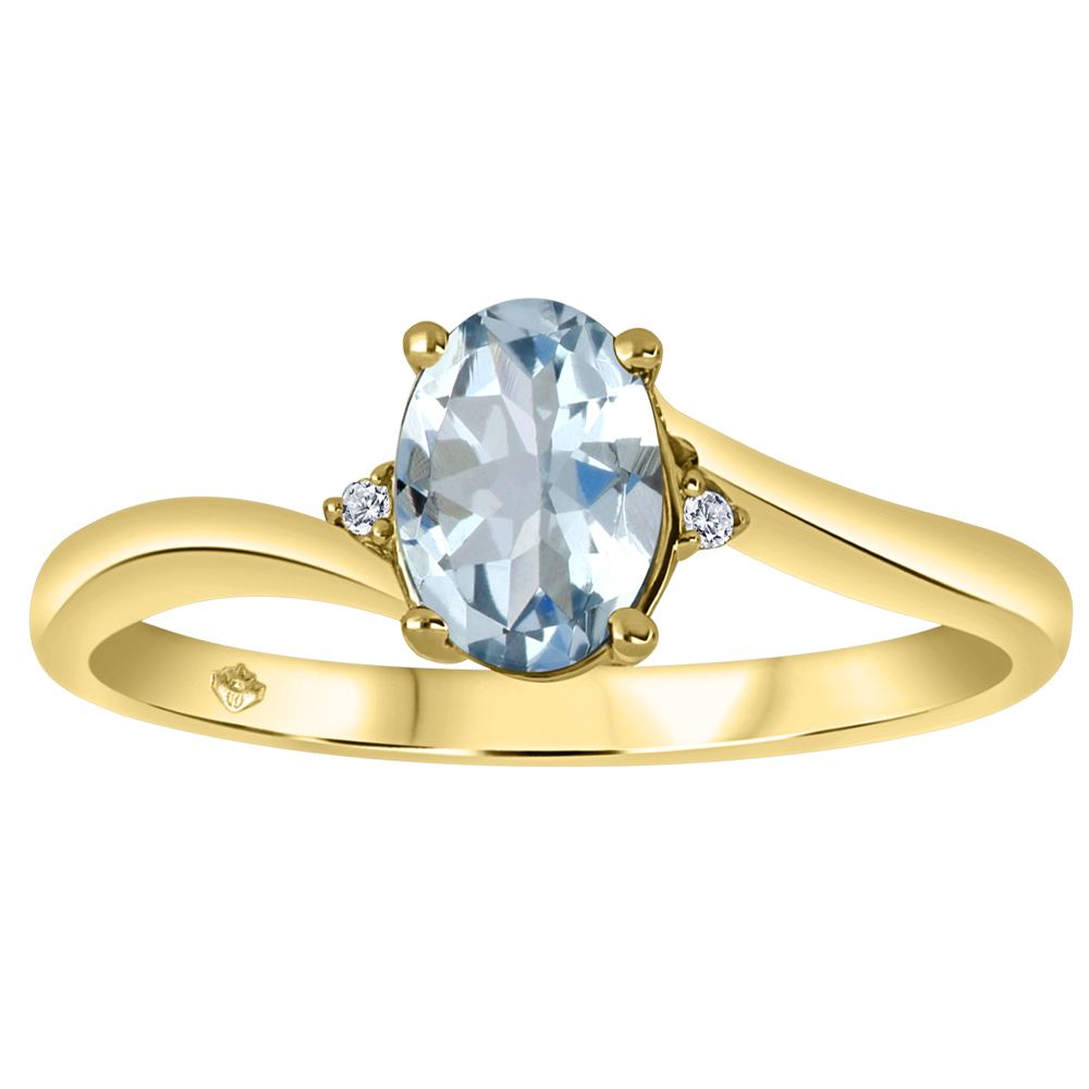 Bague or jaune 10k avec Aqua Marine naturelle et 2 diamants Canadiens