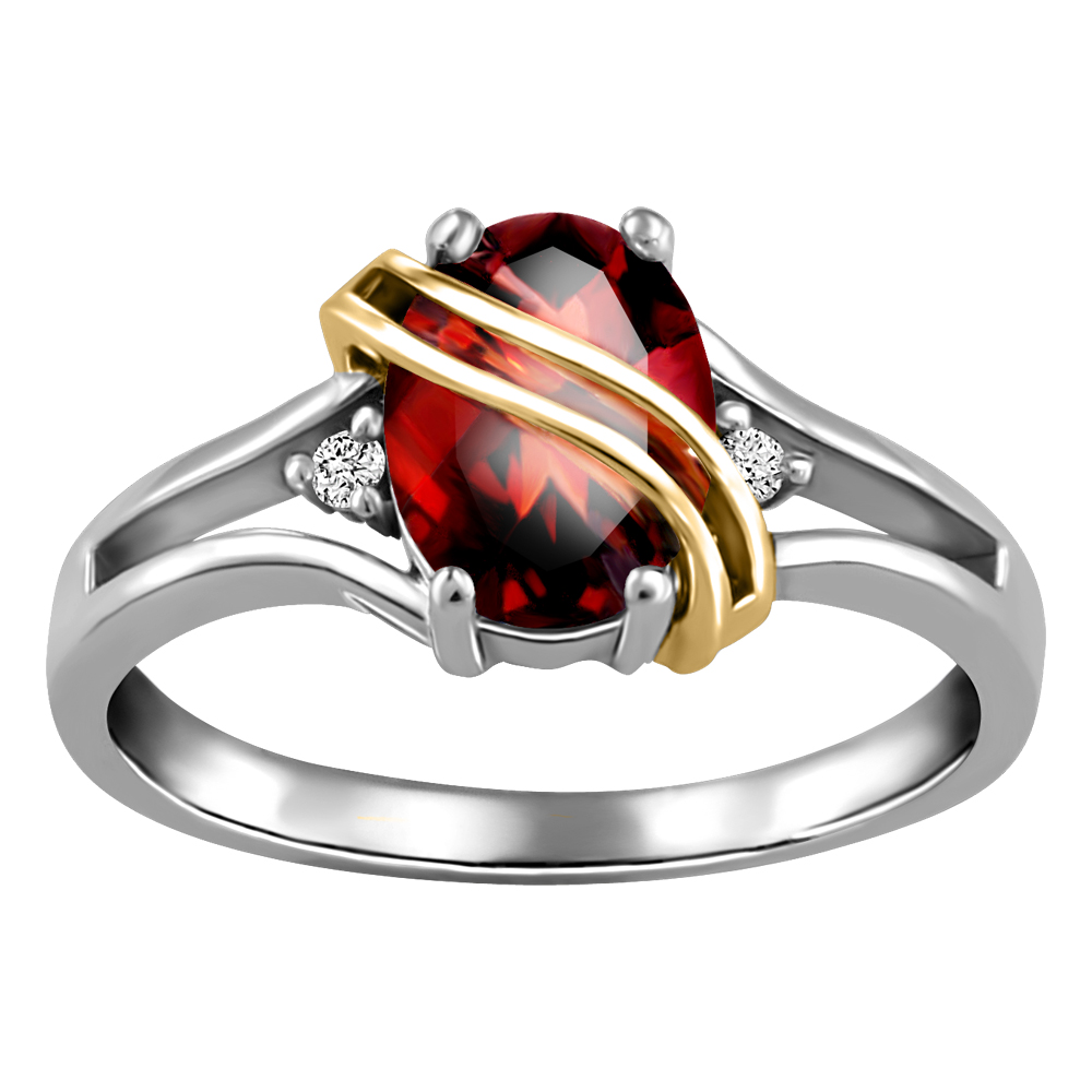 Bague or 10 k 2 tons avec grenat rhodolite ovale et deux diamants naturels