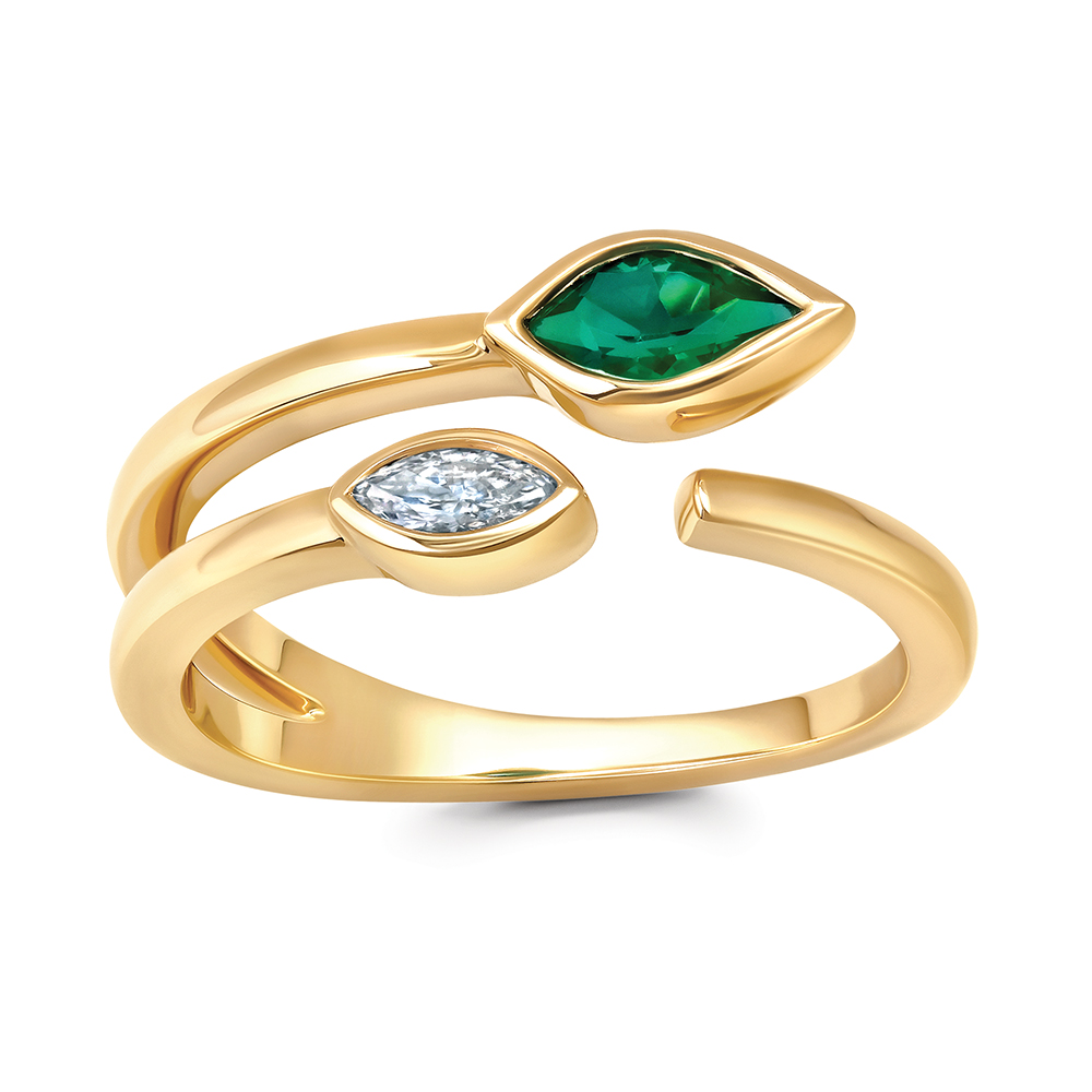 Bague or 14k jaune émeraude et diamants de laboratoire