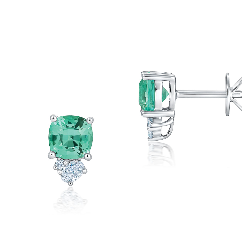 Boucles d´oreilles or blanc 14k CHATHAM chrysobéryl vert et diamants laboratoire