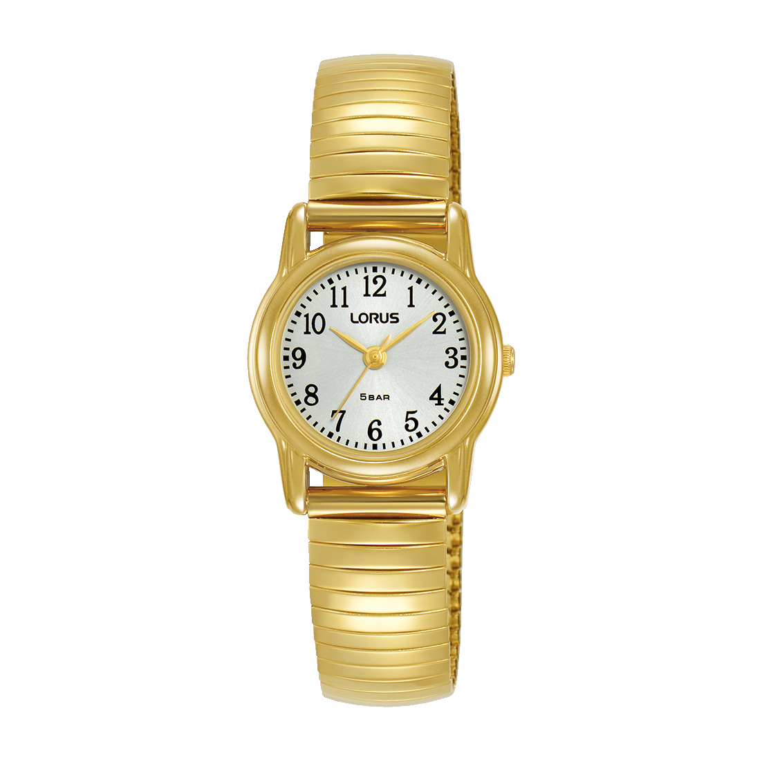Montre dame quartz doré bracelet extensible fond blanc