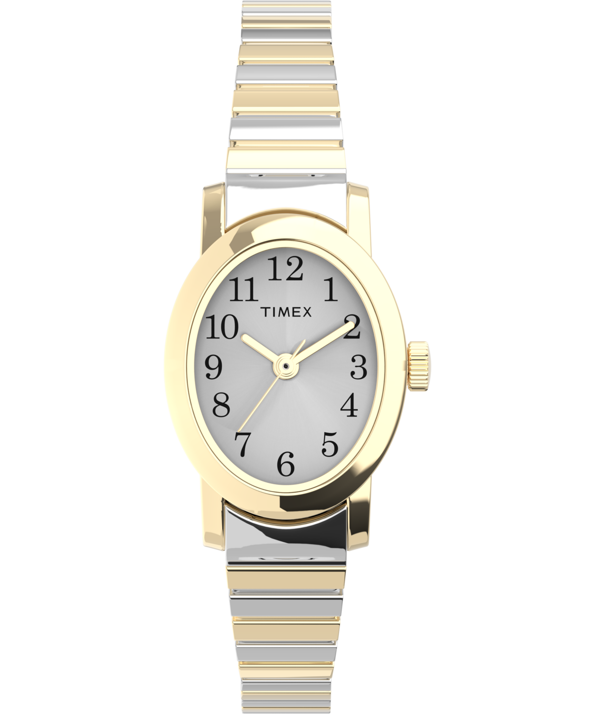 Montre dame à quartz Timex boitier doré ovale, bracelet acier bicolore