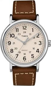 Montre Timex homme acier fond beige bracelet cuir brun