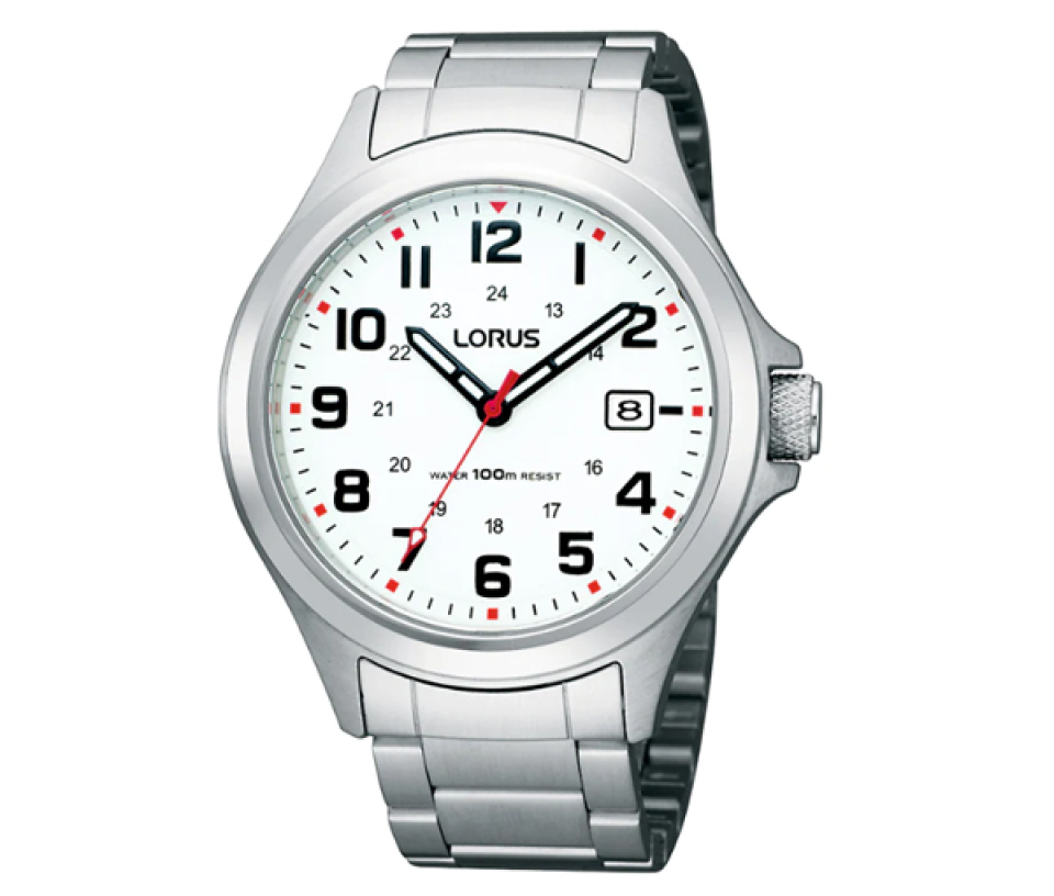 Montre quarts homme en acier fond blanc et date