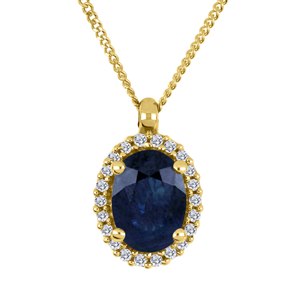 Chaîne et pendentif or jaune 10k avec 1 saphir bleu et 22 diamants naturels