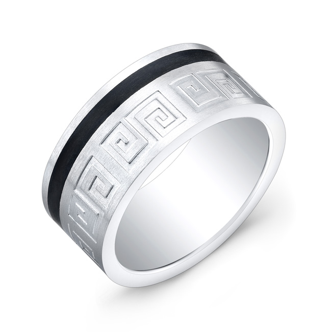 Bague acier avec bande noire et motif graphique