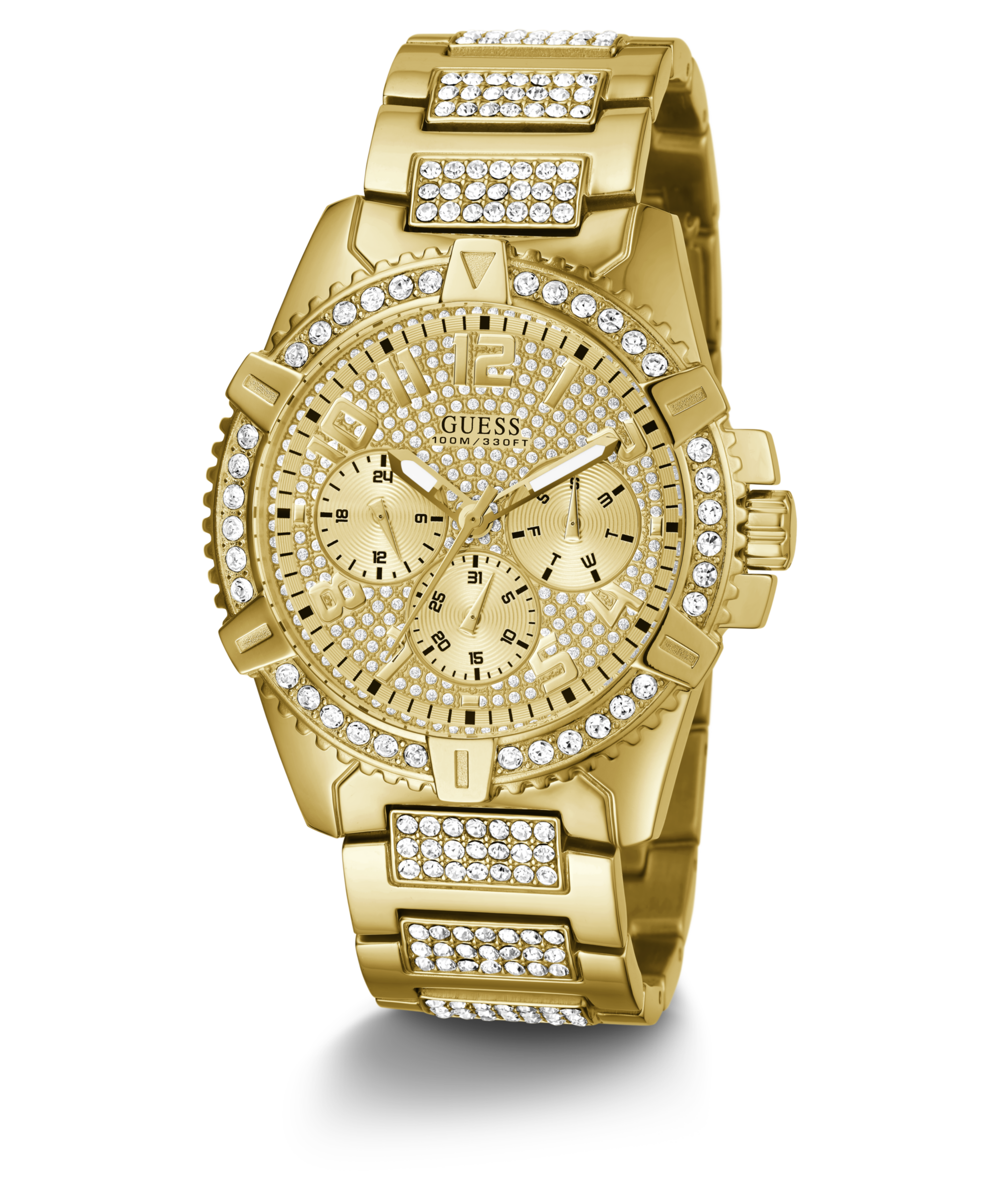 Montre Homme Guess à quartz boitier et bracelet dorés sertis de cubics