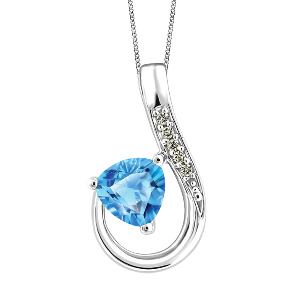Ensemble chaîne et pendentif or blanc 10k topaze bleue et diamants naturels