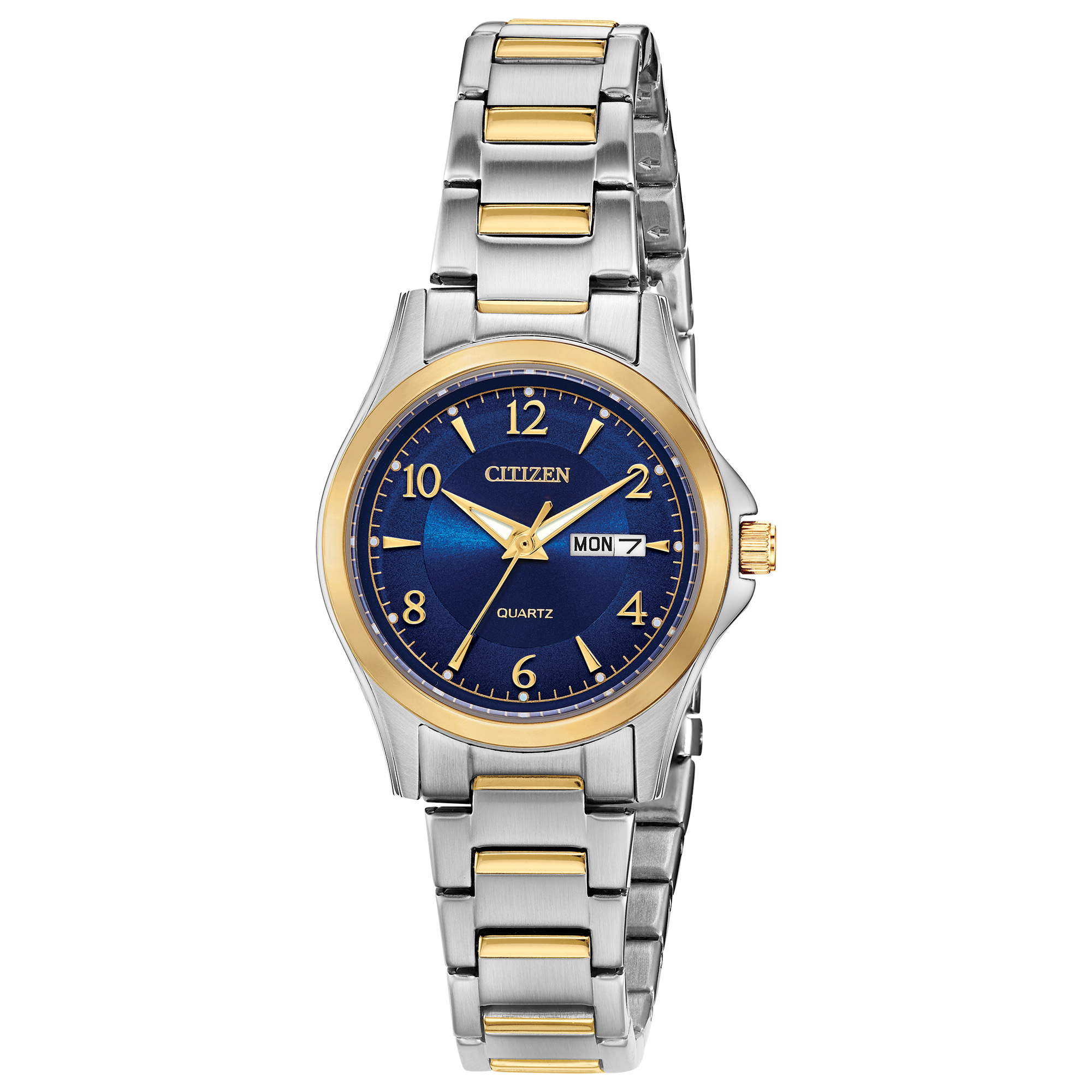 Montre Dame à quartz avec dateur baracelet et boitier acier 2 tons fond bleu