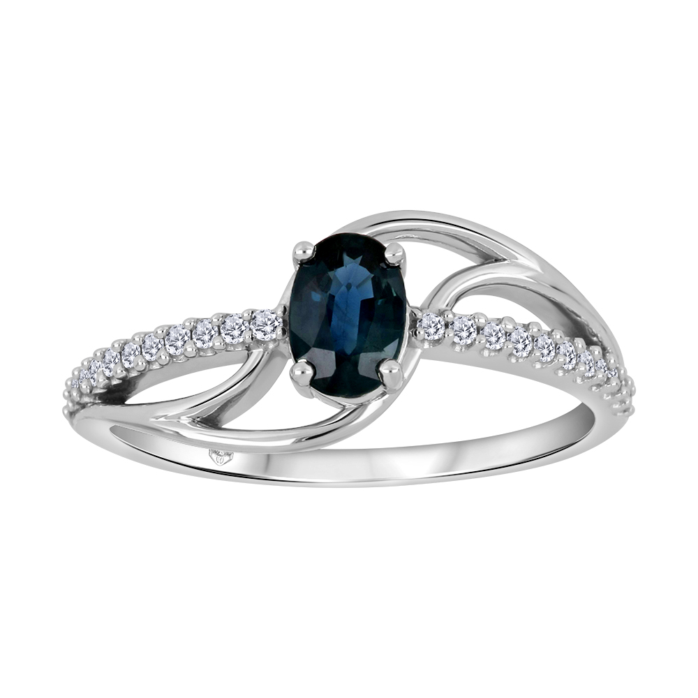 Bague or blanc 10k avec saphir et diamants naturels
