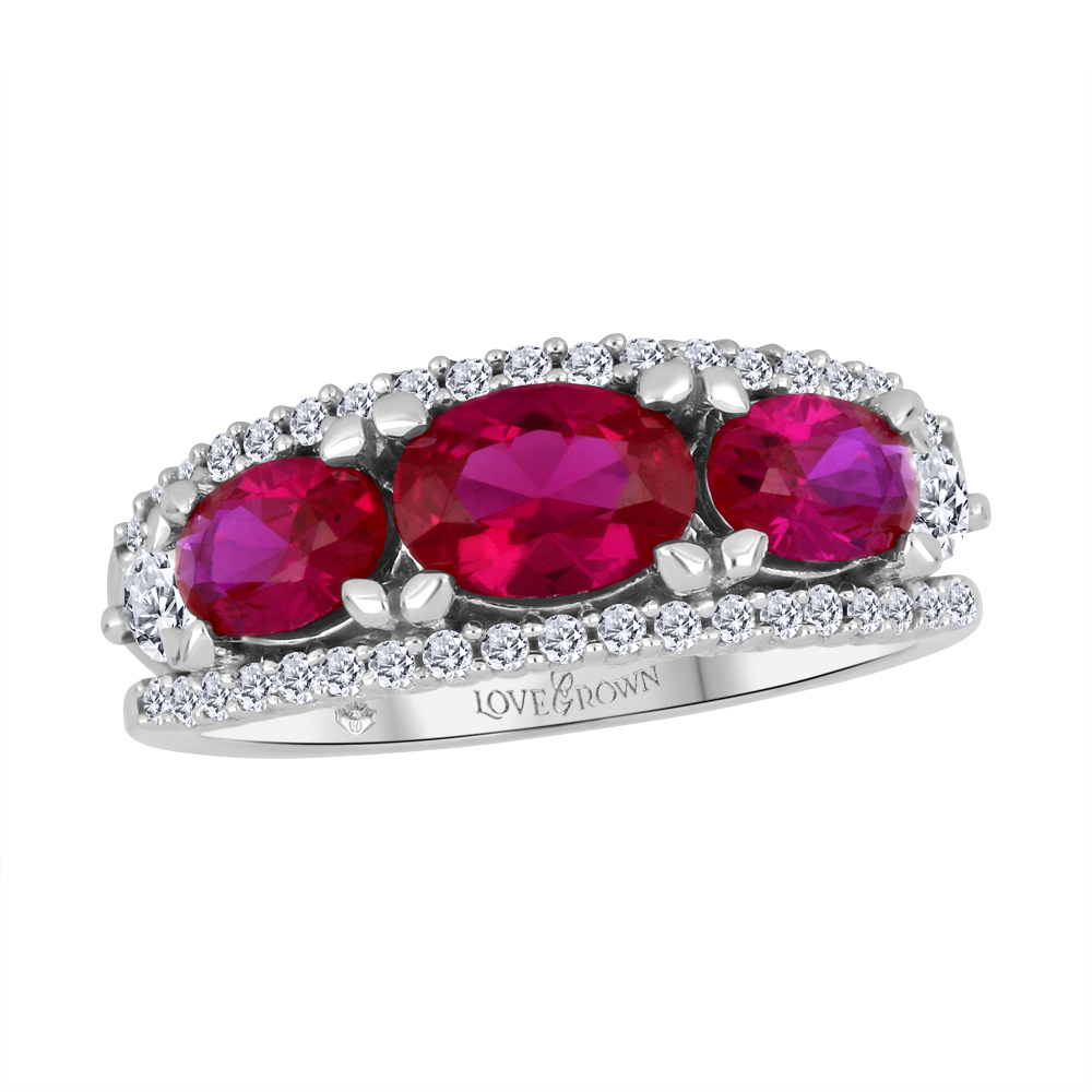 Bague or blanc 10k avec 3 rubis et diamants de laboratoire