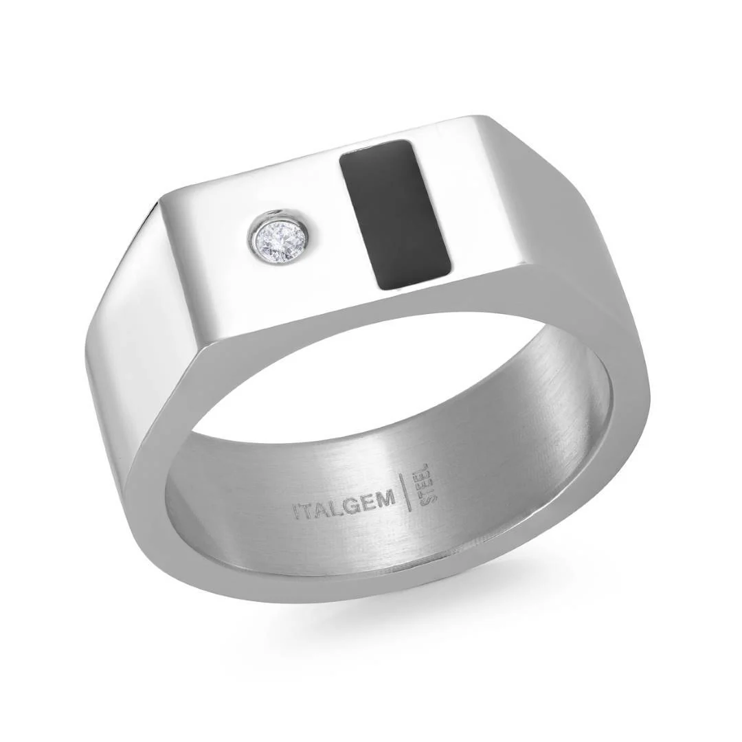 Bague chevalière en acier inoxydable avec onyx et cubic