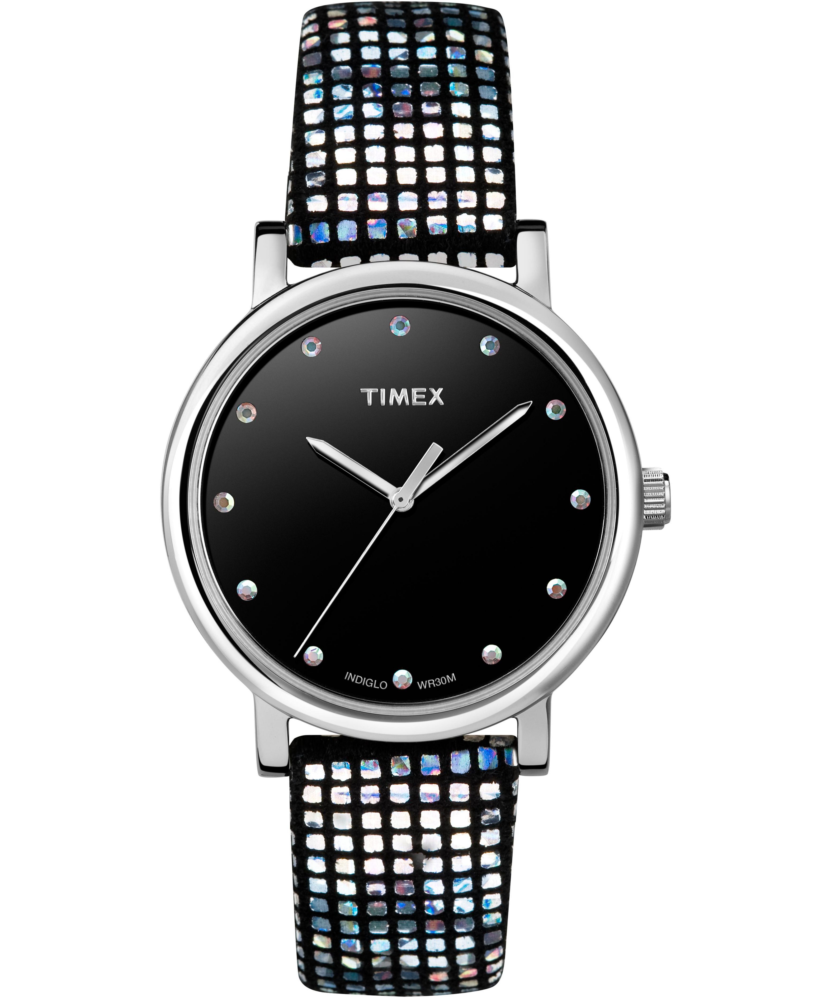 Montre dame Timex à quartz fond noir bracelet brillant