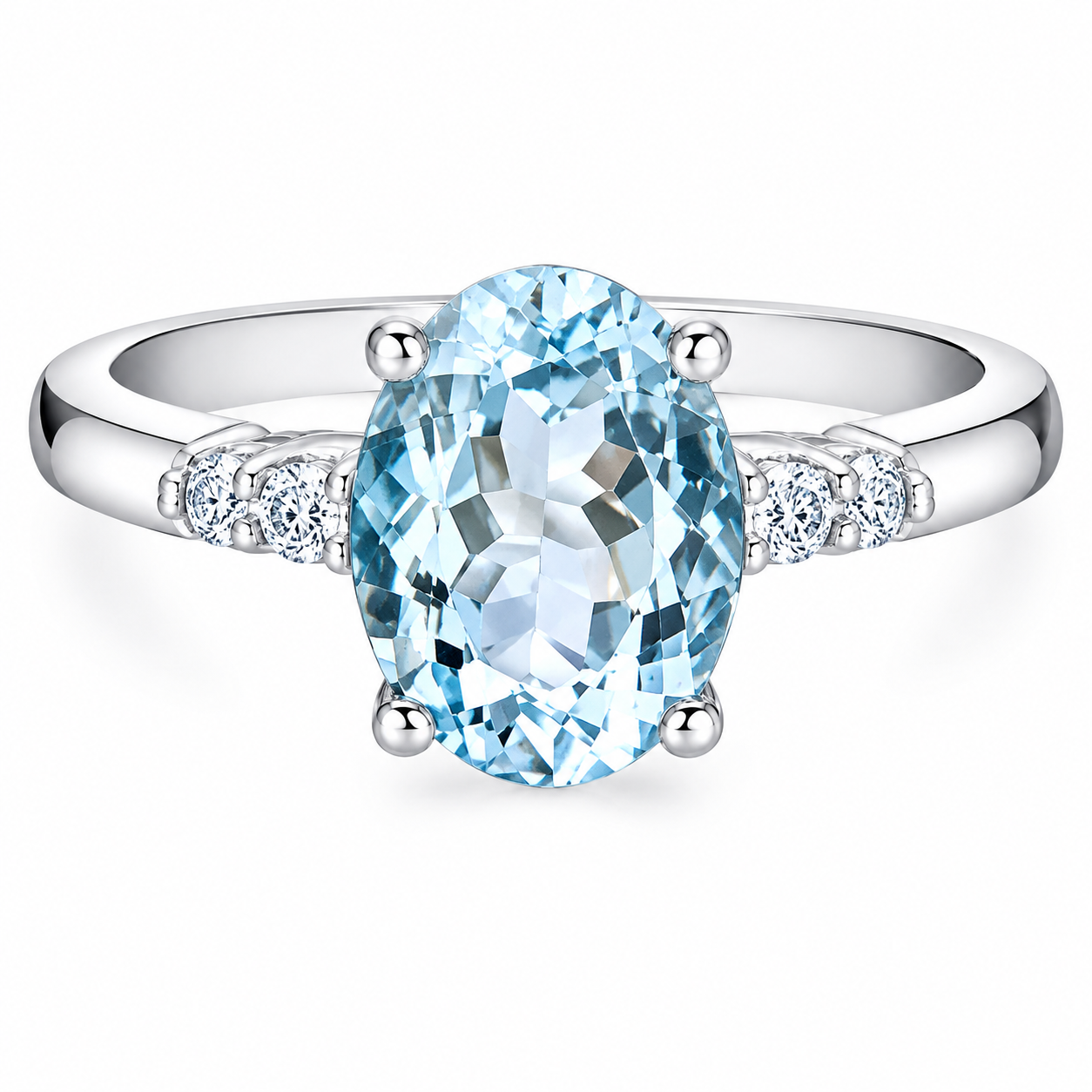Bague or blanc 10k avec aigue marine naturelle et diamants
