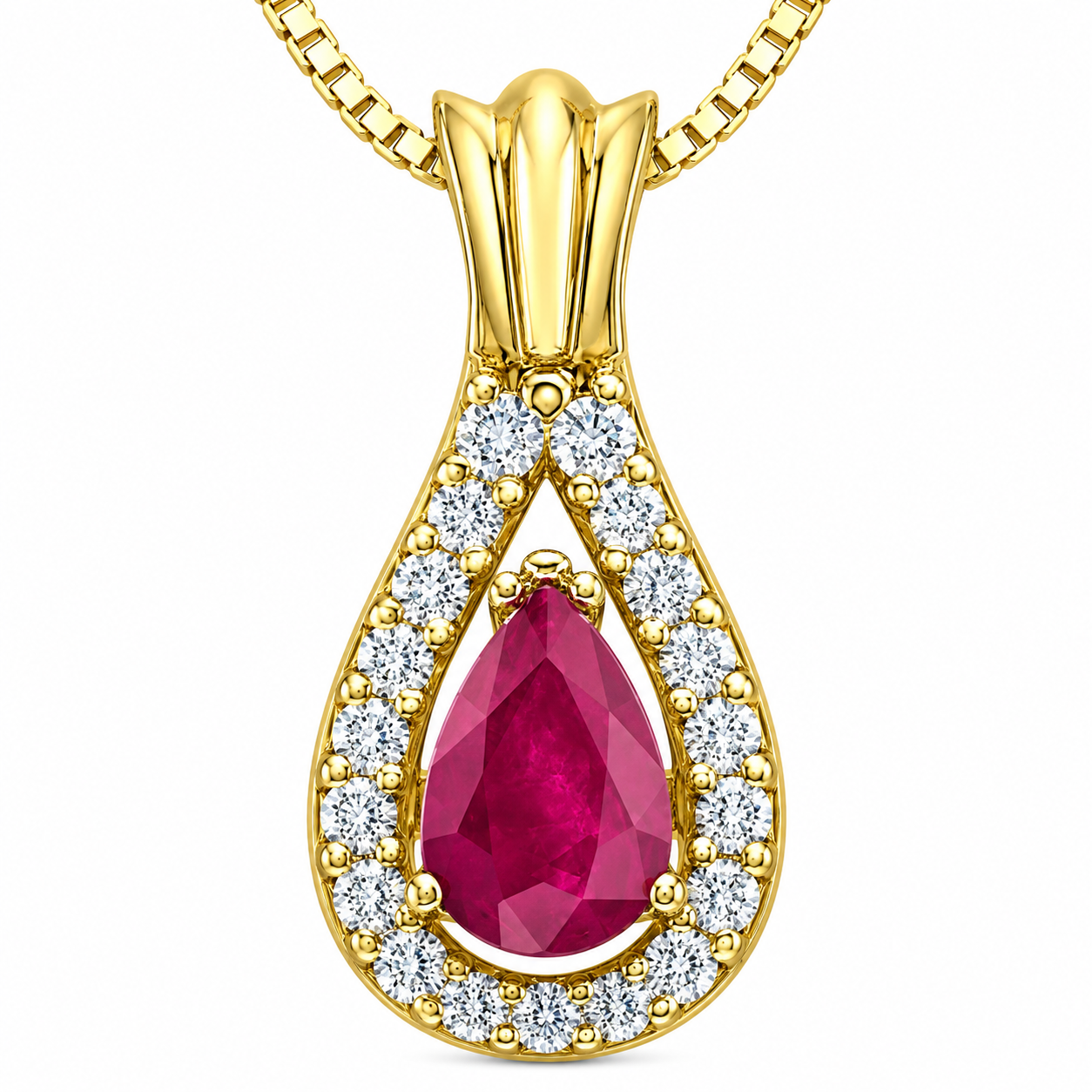 Chaîne et pendentif 10k jaune avec rubis et diamants naturels