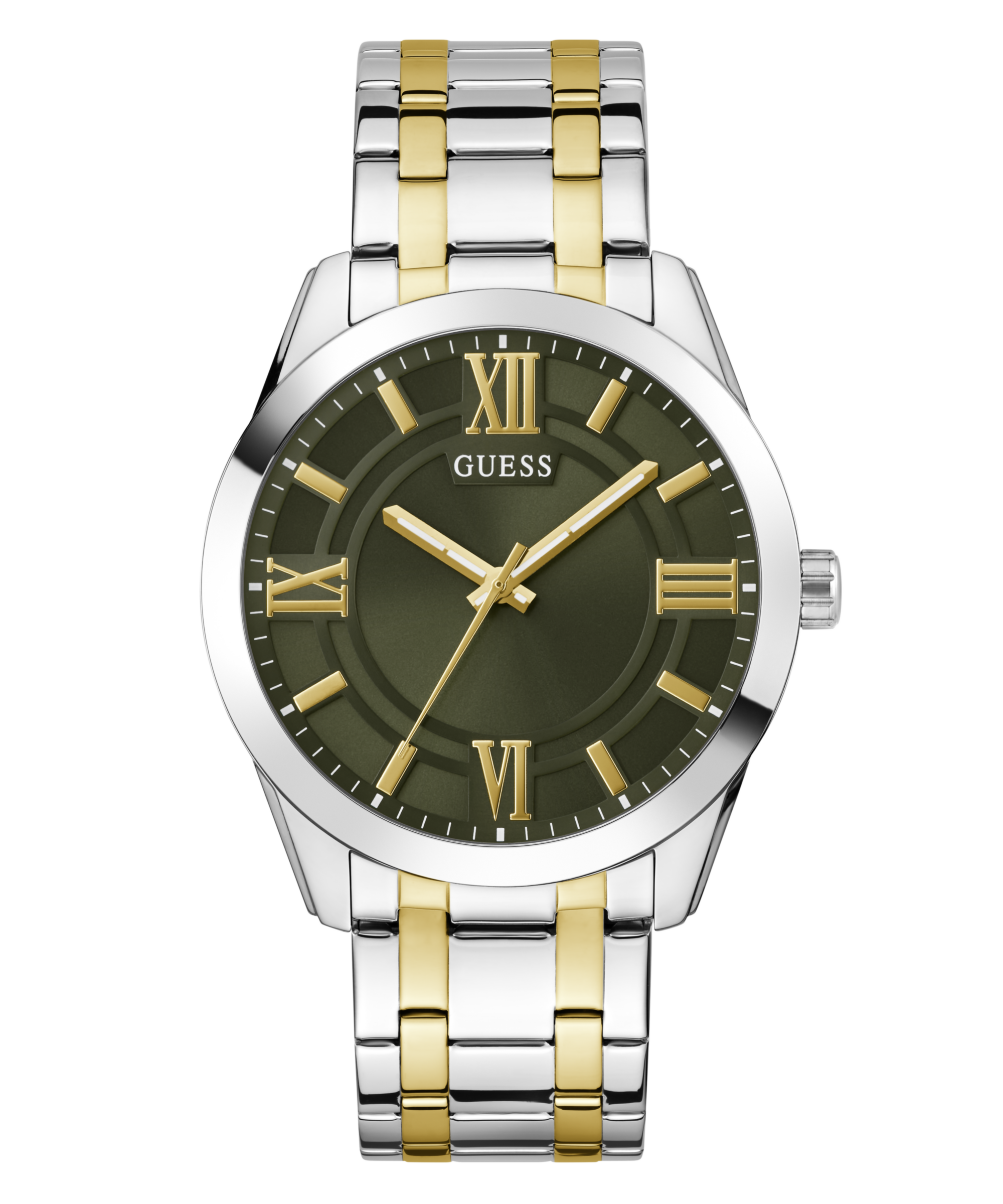 Montre Guess Homme à quartz bracelet bicolore fond maron chiffres romains dorés