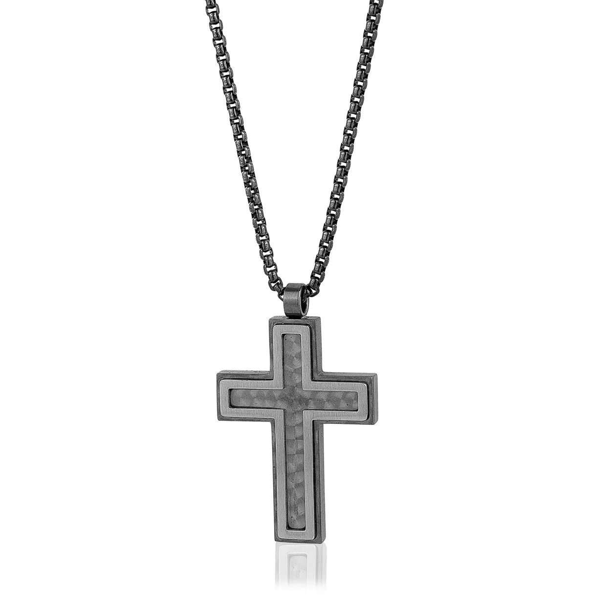 COLLIER ACIER NOIR ET CARBONE MOTIF CROIX