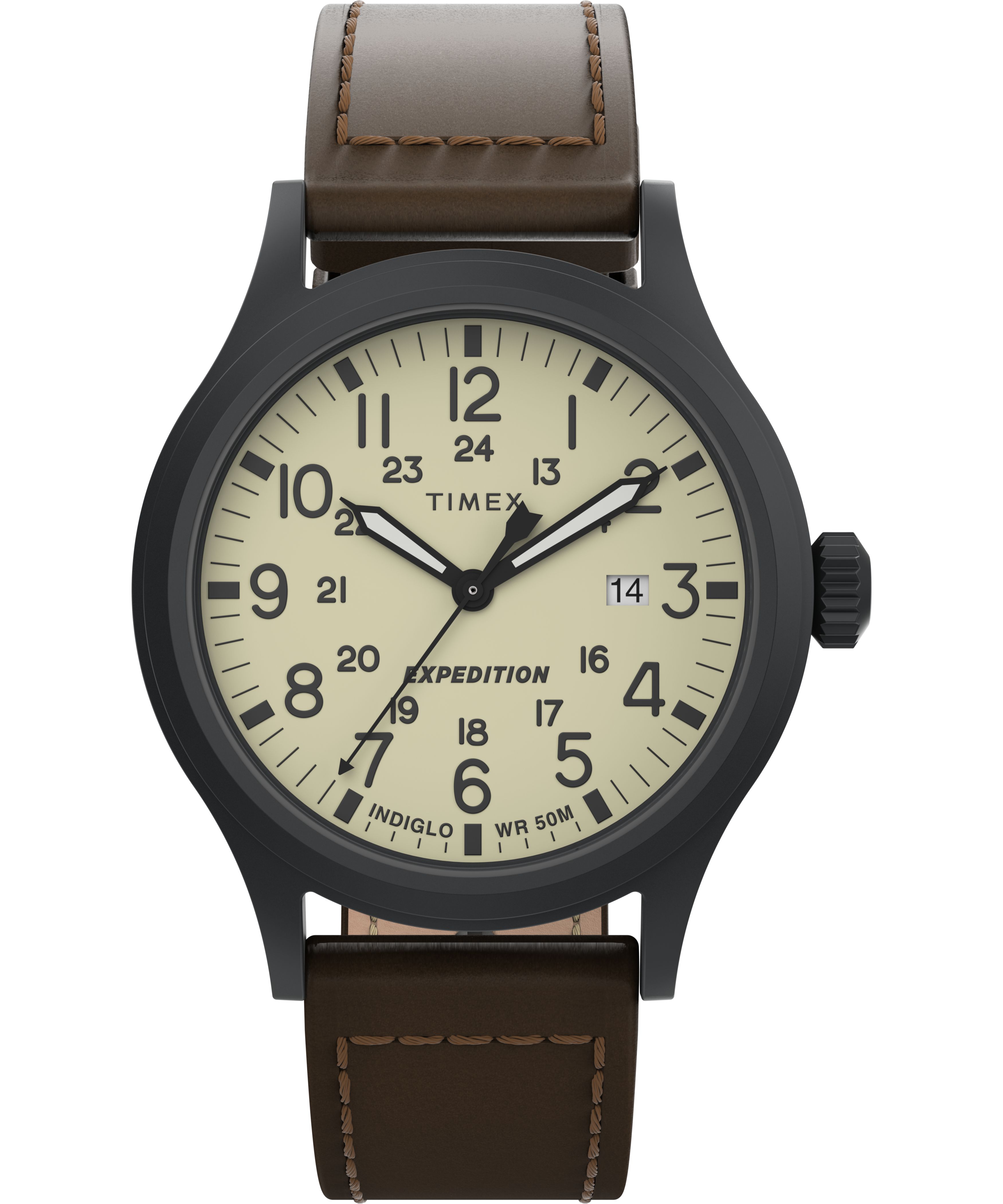 Montre Timex expédition acier noir fonds beige bracelet cuir