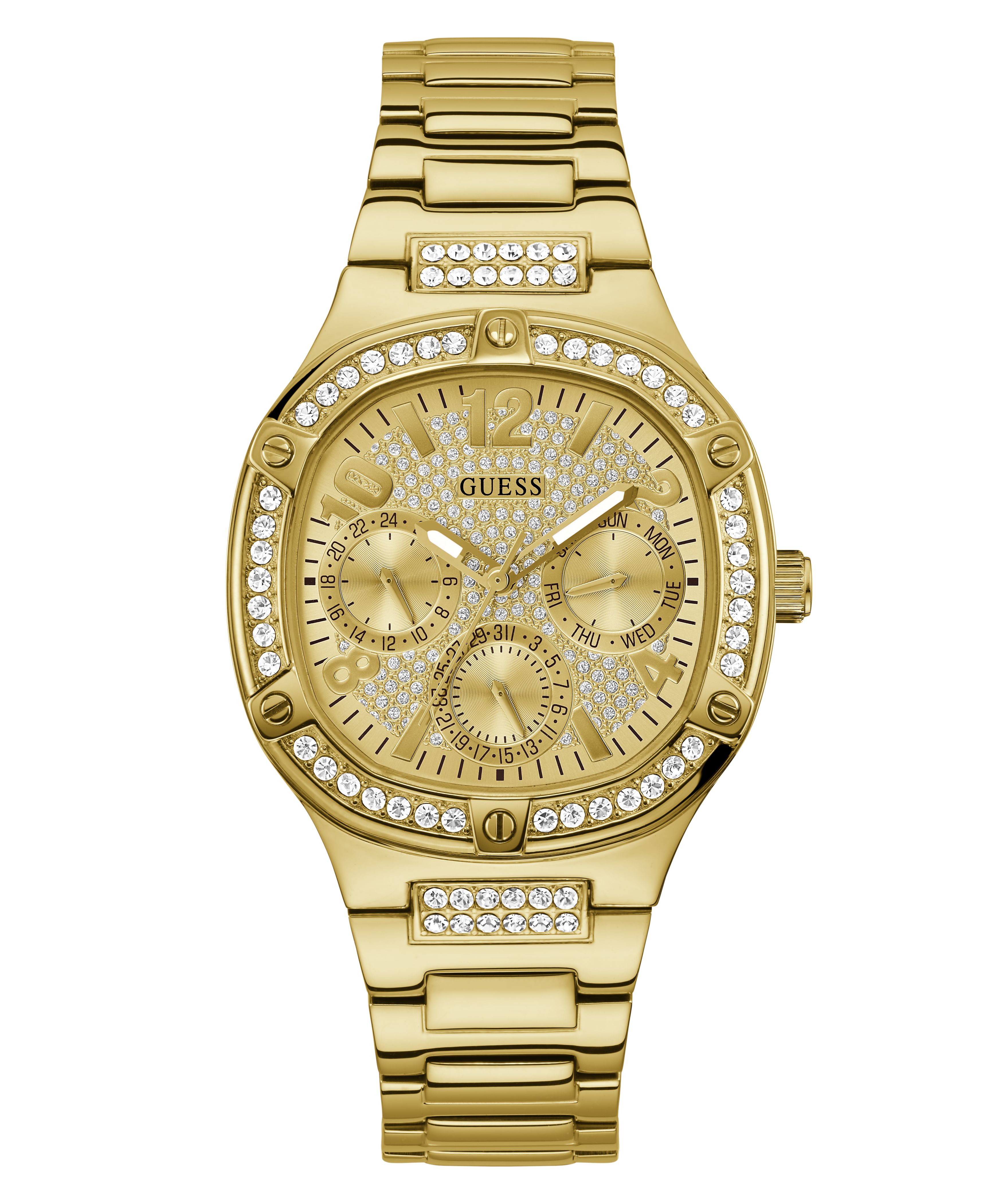 Montre dame quartz GUESS acier doré serti de cubics